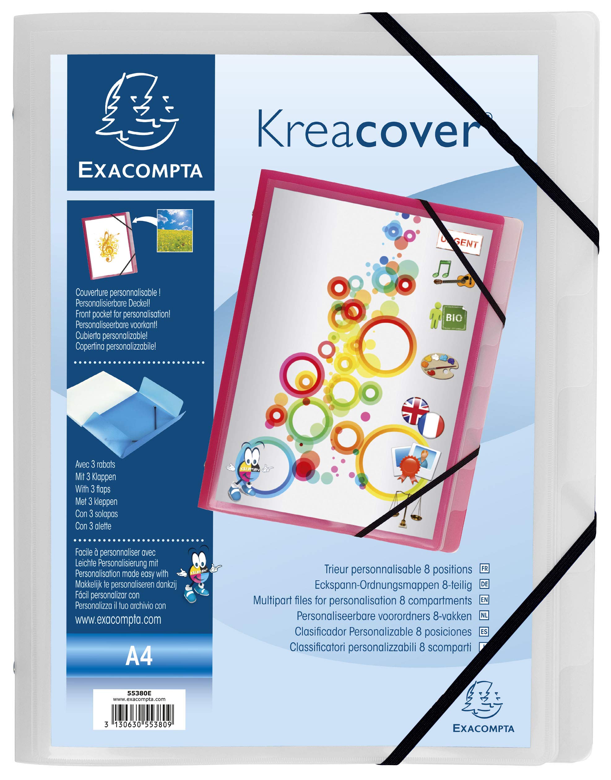 Exacompta 55380E 10er Pack Premium Ordnungsmappe Kreacover. Aus stabilem Kunststoff DIN A4 8 Fächer mit 2 Gummizügen und 3 Klappen Register-Mappe Eckanner-Mappe 1 Stück Zufallsfarbe