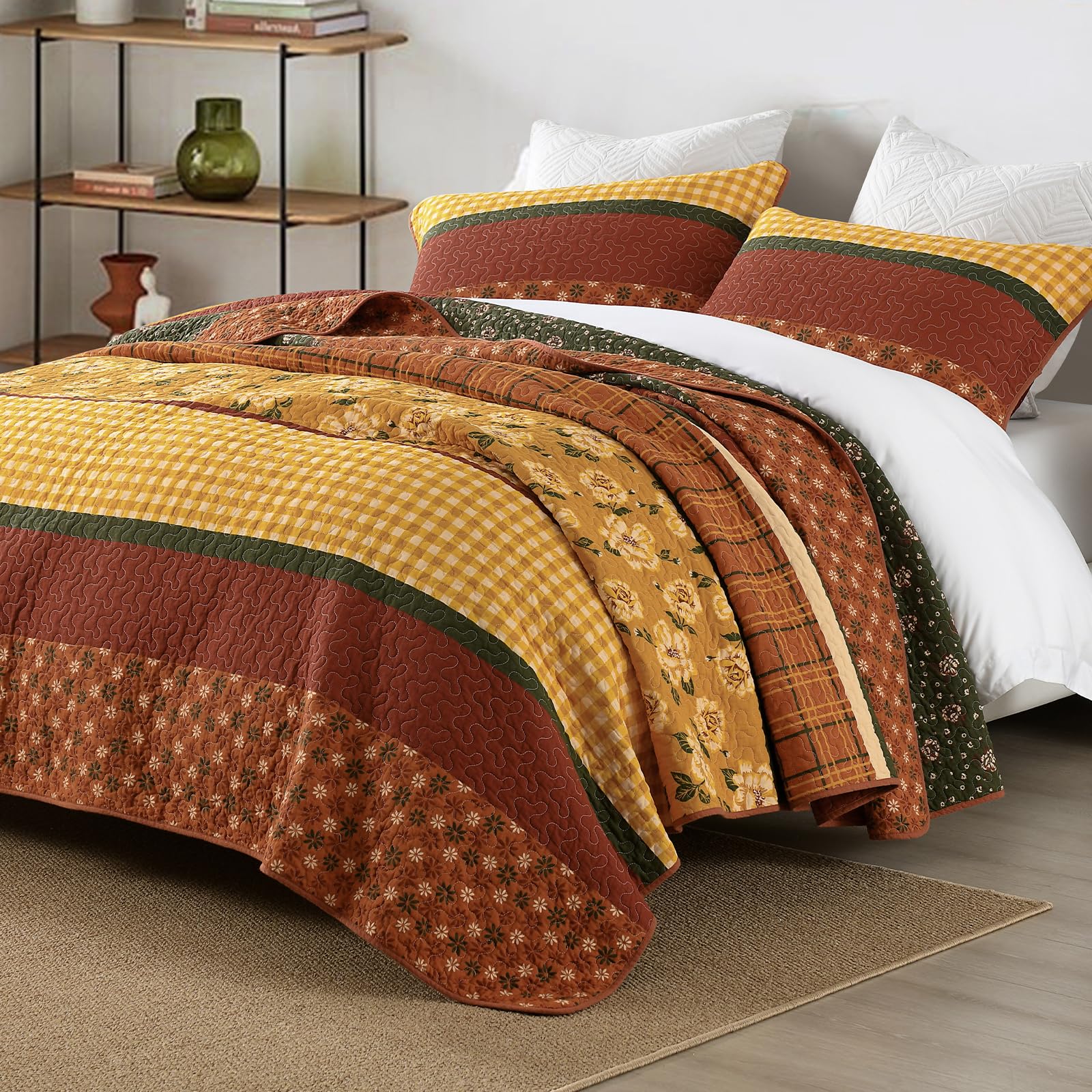 CozyQQ Striped Floral Queen Quilt - 100% Organic Cotton Queen Size Quilt Sets, Red Brown Yellow Green Vintage Lightweight Bedspread for Queen Beds, Fall Autumn All-Season Gift 3-Piece Bedding Set