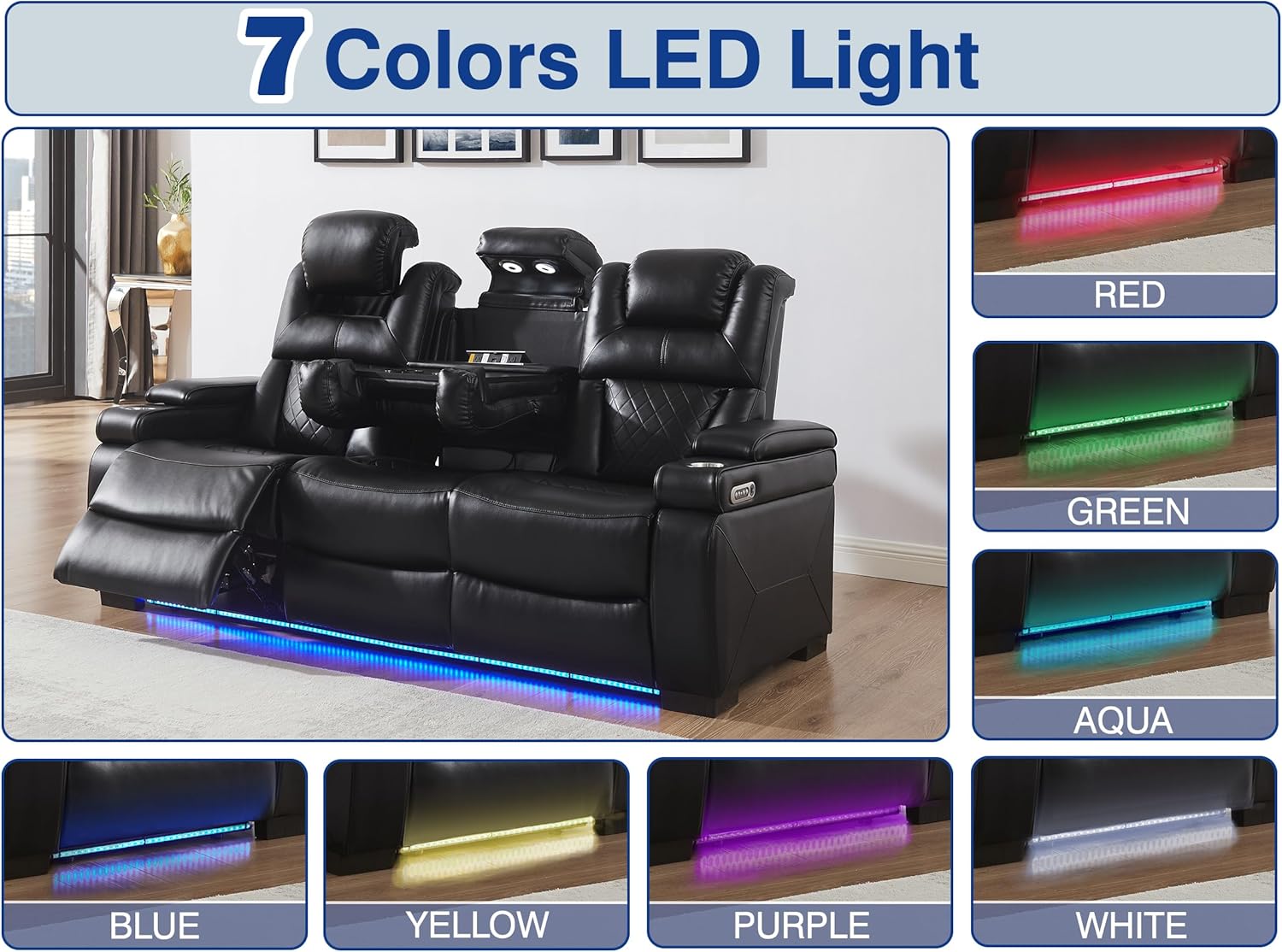 THSUPER Power Breathable Leather Reclining Sofa with 7-Color LED Light, Living Room Recliner Couch with Adjustable Headrest/Reading Light/USB Port/Storage Arm/Drop Down Table for Living Room, Black