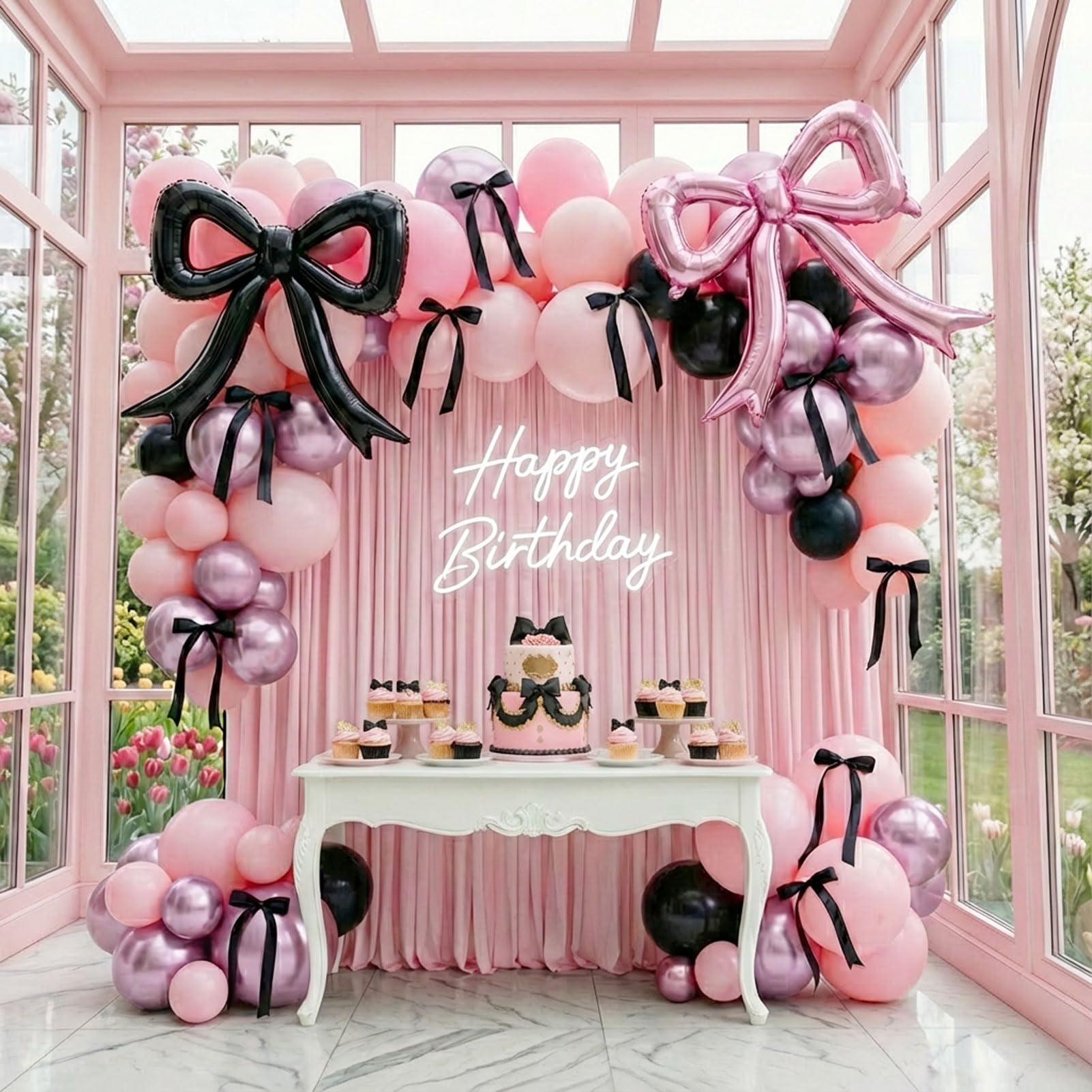 coquette birthday decorations 150pcs balloon garland arch kit with metallic purple pink black bow cake topper ribbon bow tie and mylar foil balloons