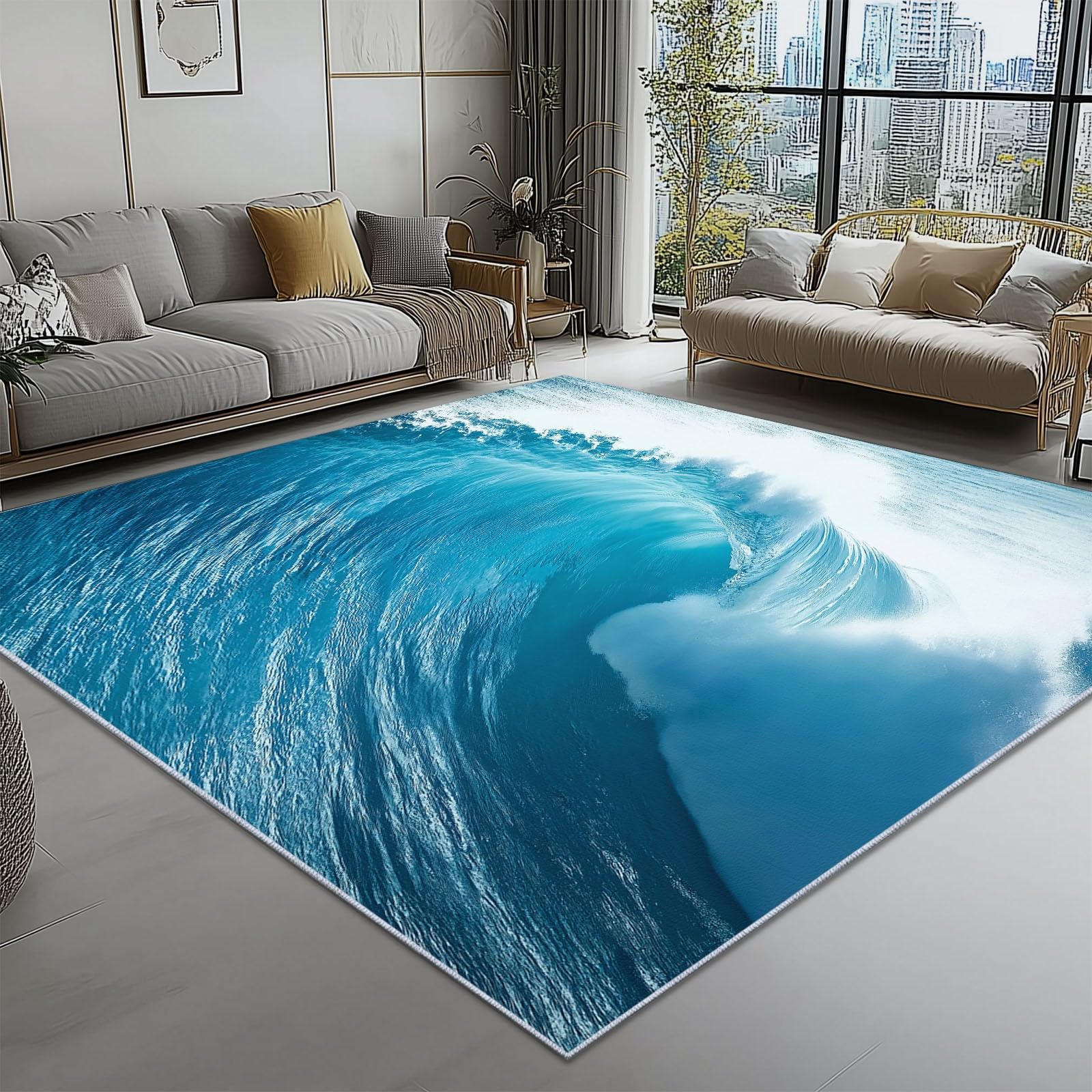 Nature Tapis de Salon, Bleu Antidérapant Lavable en Machine Tapis Flanelle Douce, Moquette Motif Flots pour Chambre Bureau Cuisine Decoration, 150x210 cm