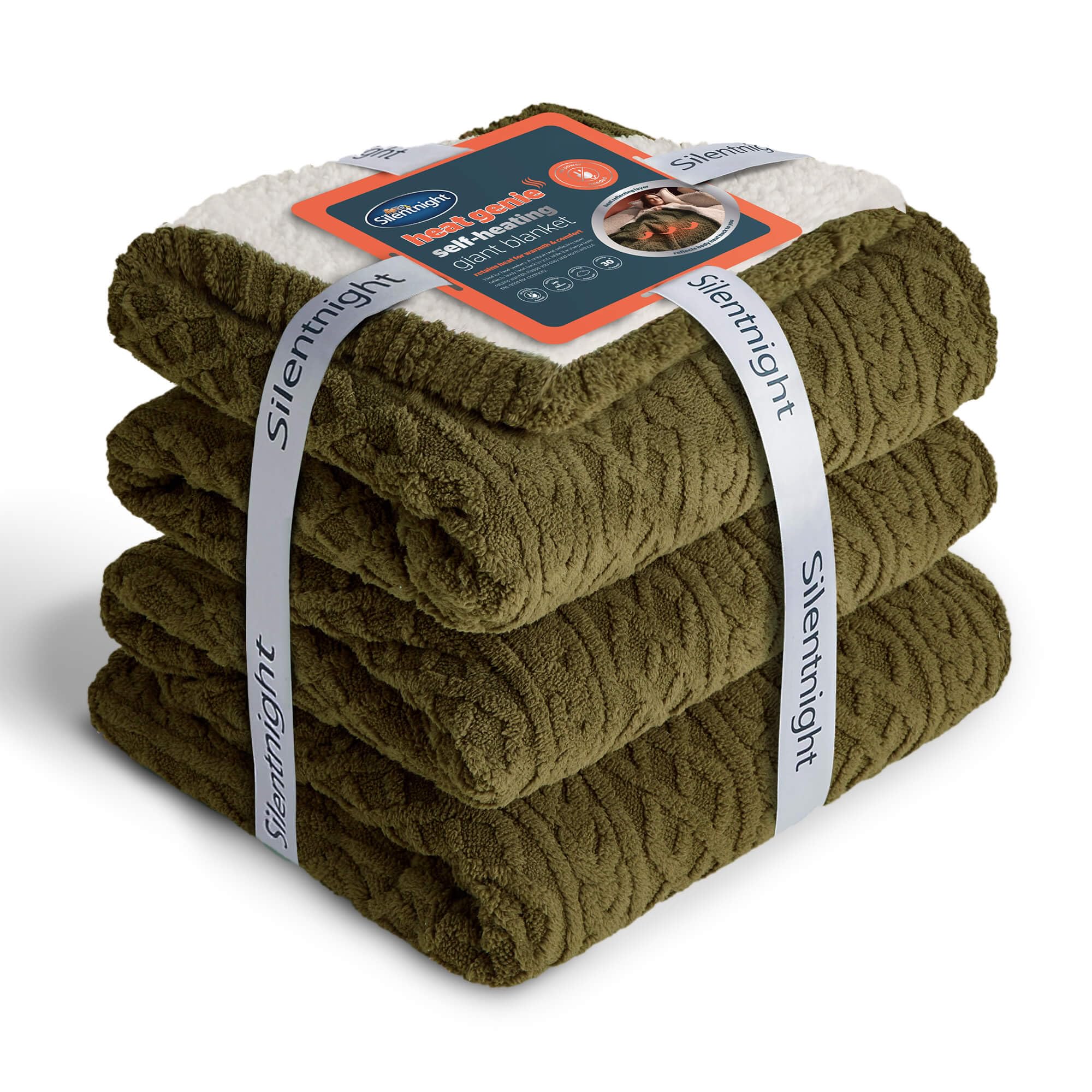 Silentnight Heat Genie Self Heating Giant Blanket - Cosy Warm Sherpa Fleece Throw with Unique Foil Layer to Retain Heat - Extra Large Reversible for Sofa Couch Bed Camping - 180x240cm, Green