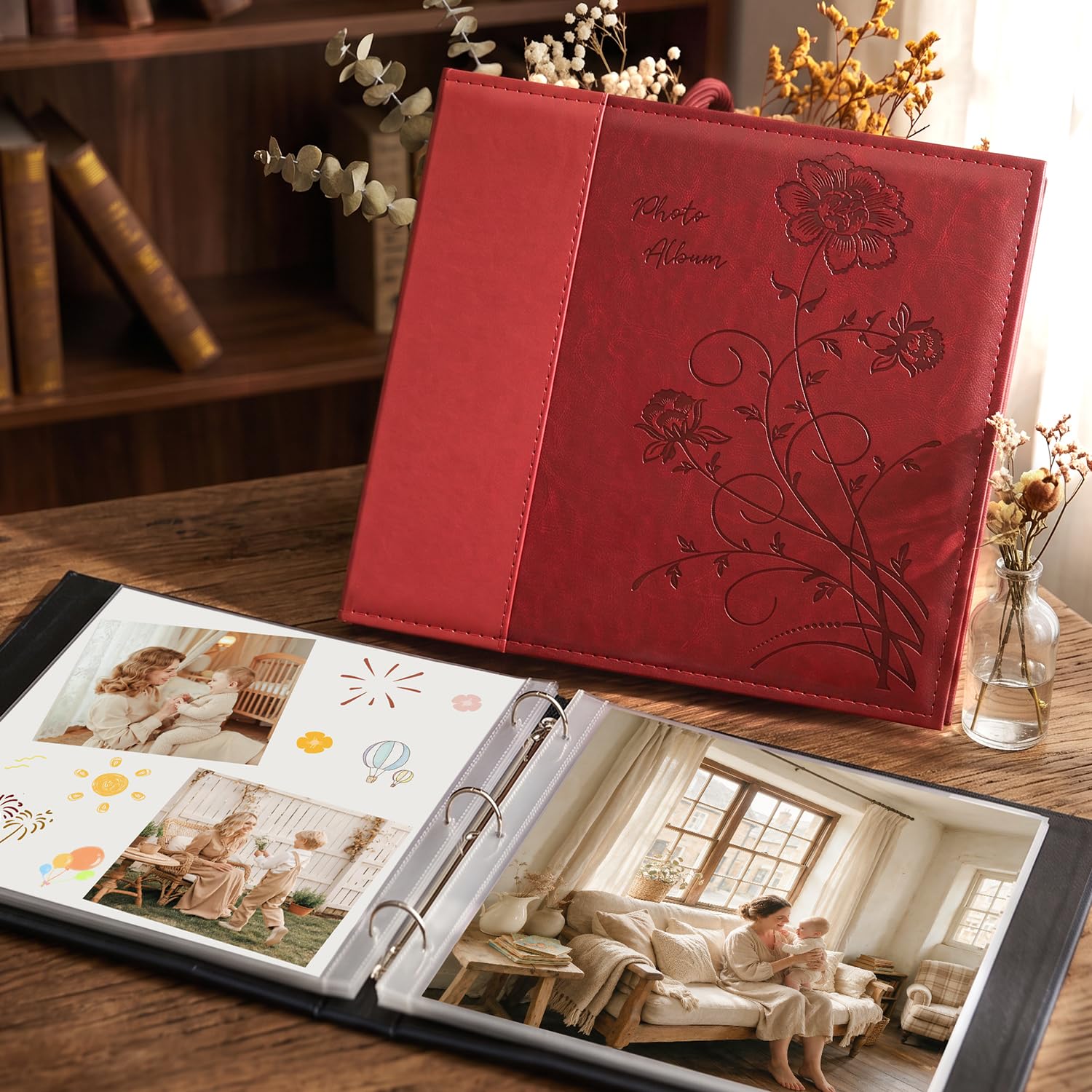 Artmag Álbum de recortes de 12 x 12 pulgadas con 40 hojas, 80 páginas, carpeta de 3 anillas, tapa dura de piel, álbum de fotos para boda, familia, bebé, viajes, aventura (rojo)