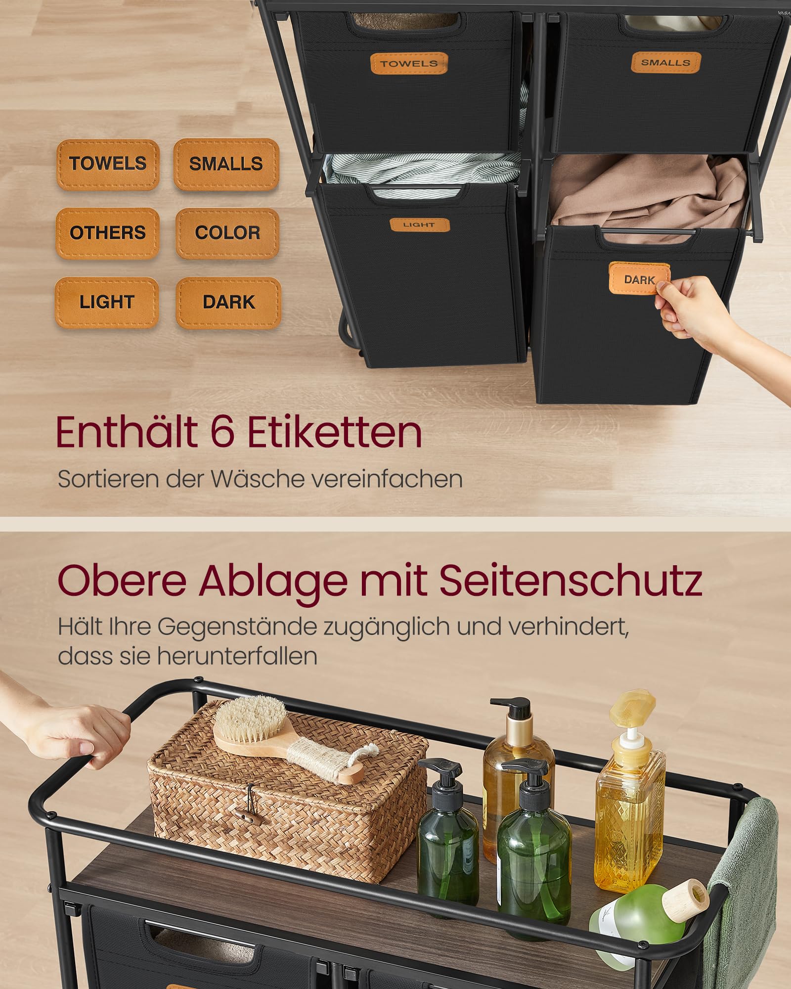 VASAGLE Wäschesammler mit Rollen, Wäschekorb 4 Fächer, 150 L, Wäschesortierer mit Ablage, Wäschewagen, abnehmbare Taschen, 6 Etiketten, Waschküche, tintenschwarz-kastanienbraun RLS100B01