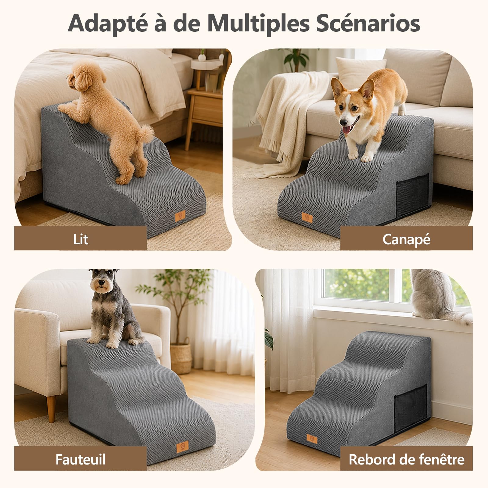 MASTERTOP Escaliers pour Chiens à 3 Marches, Rampe pour Chien Canapé - Gris | Grande Échelle Animaux en Mousse Haute Densité Antidérapante, Housse Amovible - pour Canapé et Lit