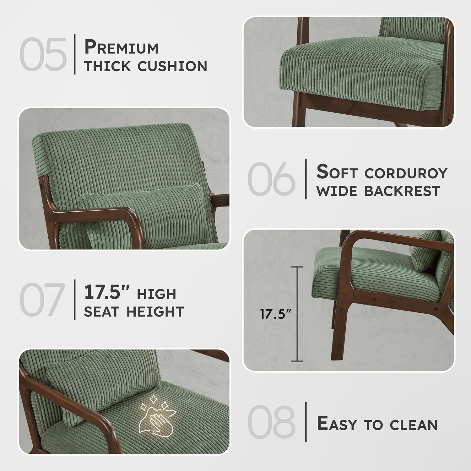 Lexicon Mid Century Modern Accent Chair-with Solid Wood Armrests and Legs, 1 Lumbar Pillow, Cushioned Seat and Backrest, Corduroy Comfy Lounge Arm Chair for Living Room, Bedroom, Office, Green