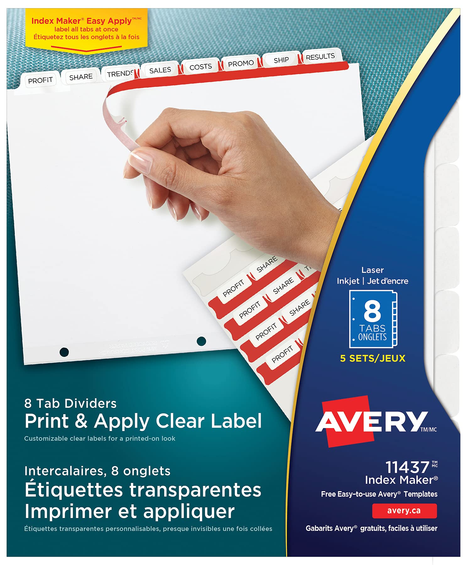 8 Tab Dividers for 3 Ring Binder, Easy Print & Apply Clear Label Strip, Index Maker Customizable White Tabs, 5 Sets (11437)