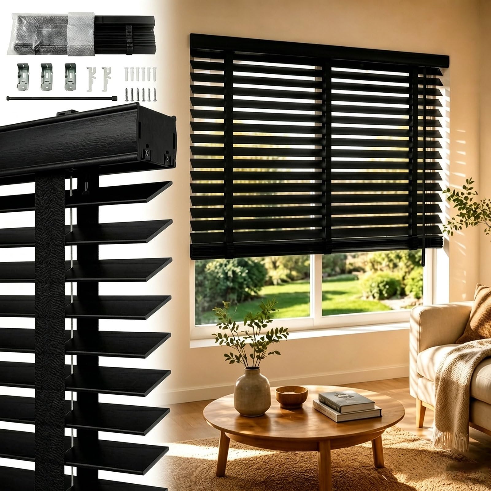 Bli veneciano de madera opaca inalámbrica – Cubiertas para ventanas interiores Slish para dormitorio, baño y oficina – Tamaños ajustables 34 pulgadas de ancho x 36 pulgadas de alto y 35 a 72 pulgadas