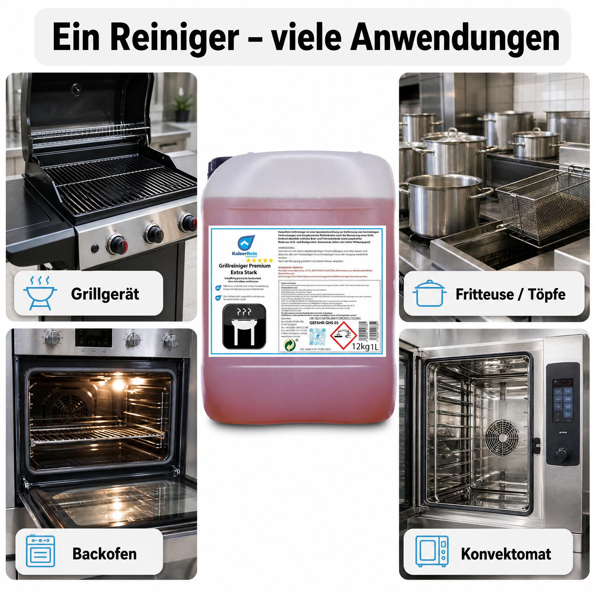 KaiserRein Grillreiniger Premium Extra Stark, Konzentrat im 10 L Kanister, Backofenreiniger für Gastronomie, Krustenlöser für Grillrost, Konvektomat und Fritteuse, kalt anwendbar, Made in DE
