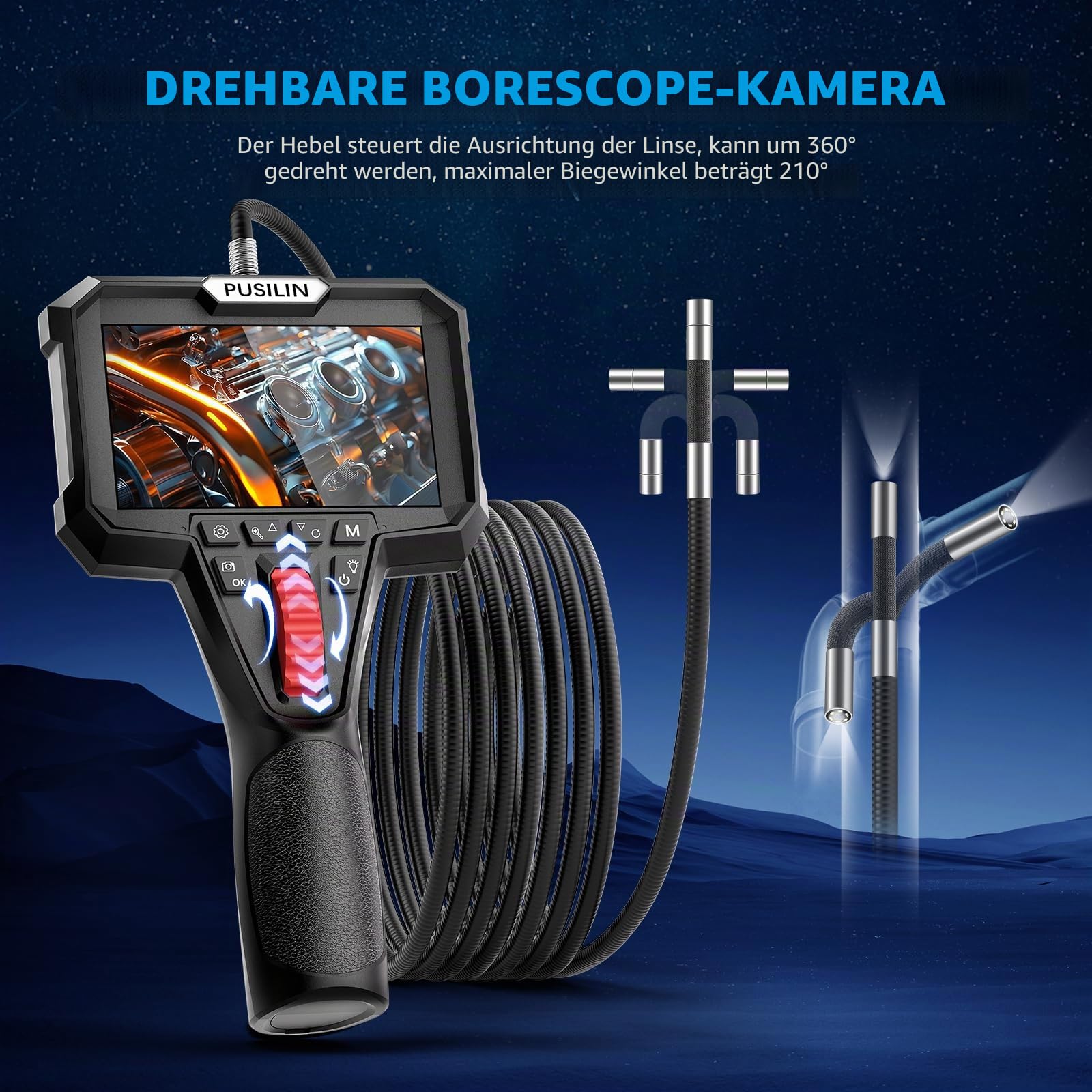 Endoskopkamera mit Licht, 4,3-Zoll Bildschirm, IP67 Boreskop mit 6 LED-Lichtern, 3,28FT Halbstarre Schlangenkamera,6,2mm Endoskop Kamera mit Beweglicher Kopf, Inspektionskamera
