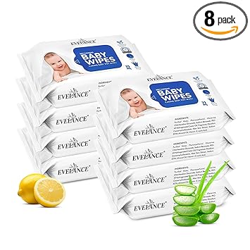EVELANCE Soft Cleansing Baby Wet Wipes (Pack of 8) 72 Wipes Each, Daily Use Wipe Enriched with Glycerine, Aloe Vera, Lemon, 98% Water, For New Born Babies and Kids