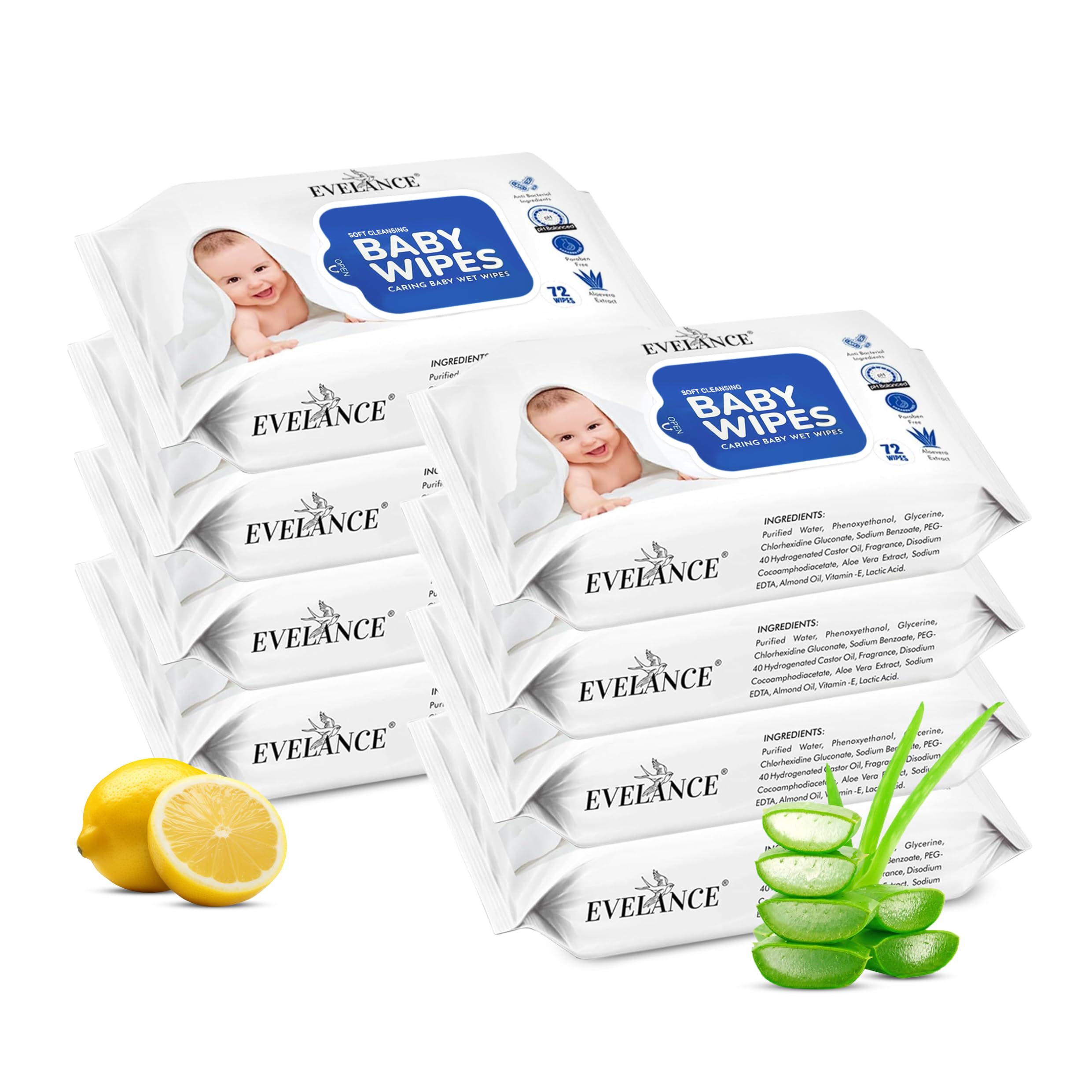 EVELANCE Soft Cleansing Baby Wet Wipes (Pack of 8) 72 Wipes Each, Daily Use Wipe Enriched with Glycerine, Aloe Vera, Lemon, 98% Water, For New Born Babies and Kids-image-42
