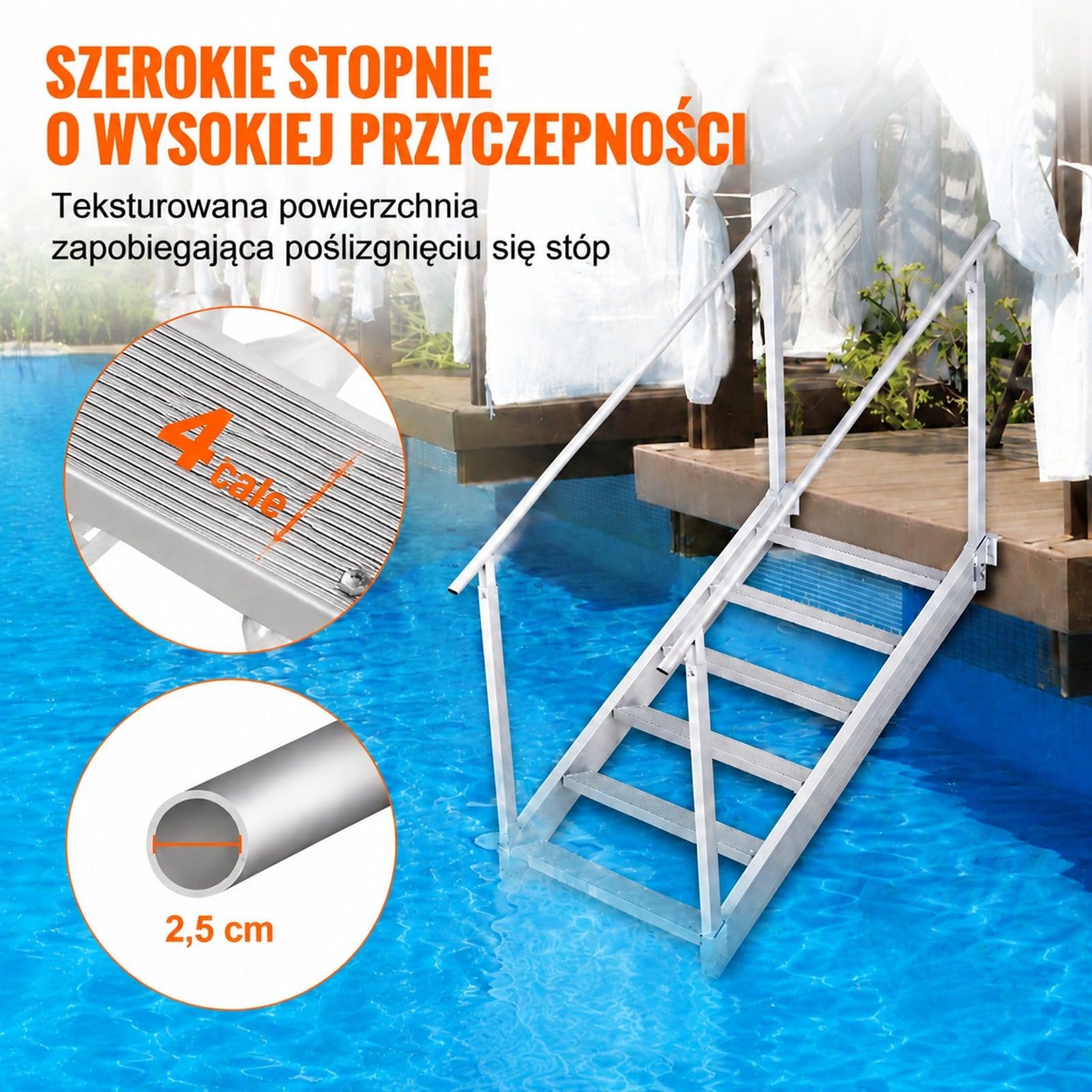 Aluminiowa drabinka dokowa, 6 stopni, dwie poręcze, nośność 250 kg, do łodzi, portów oraz basenów
