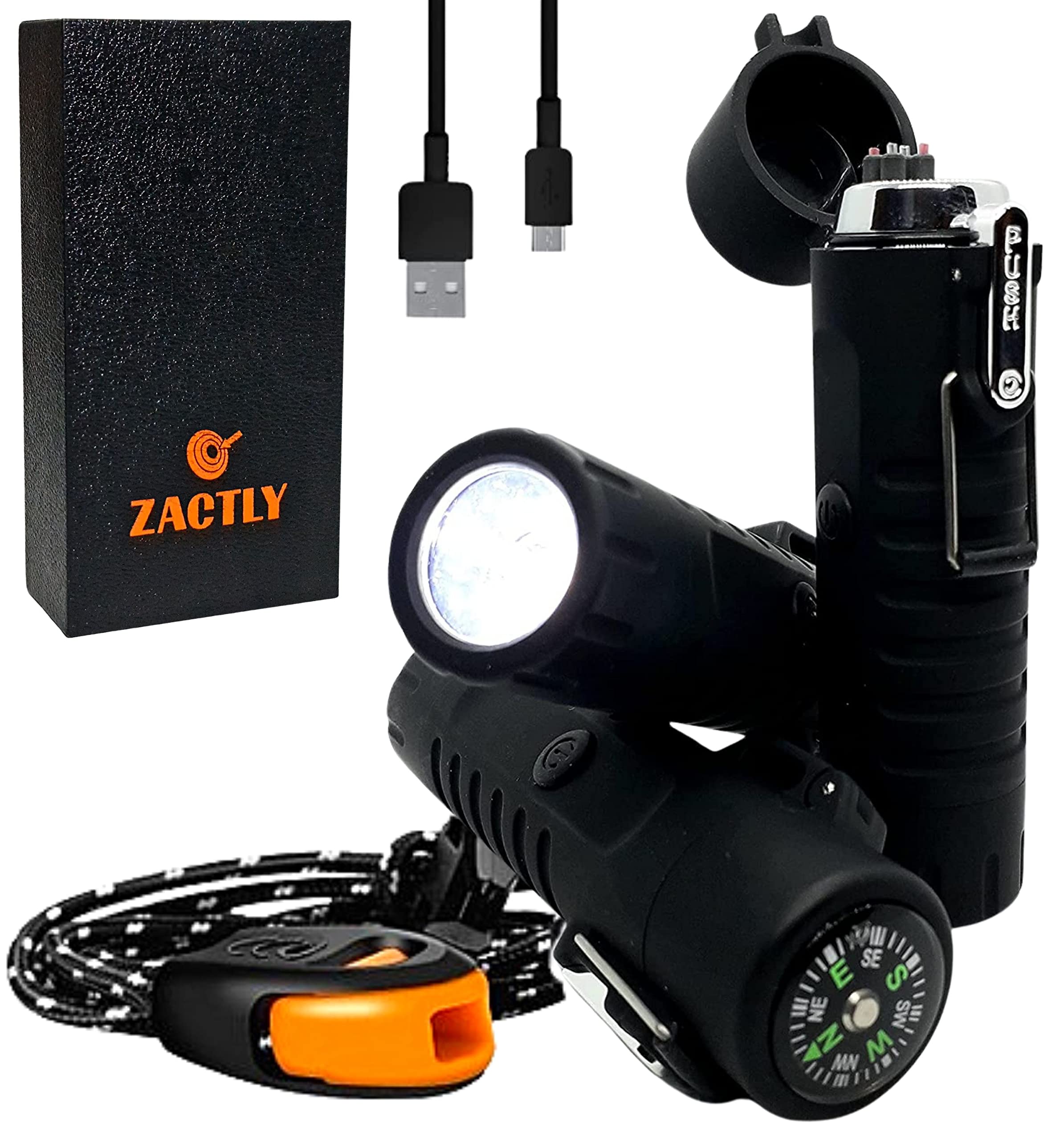 MODEL AL02 Electric Dual Arc USB Lighter Multifunction Waterproof Windproof Dustproof Rechargeable with Led Flashlight & Emergency Whistle, Camping & Outdoor Survival Tactical Tool (BLACK)