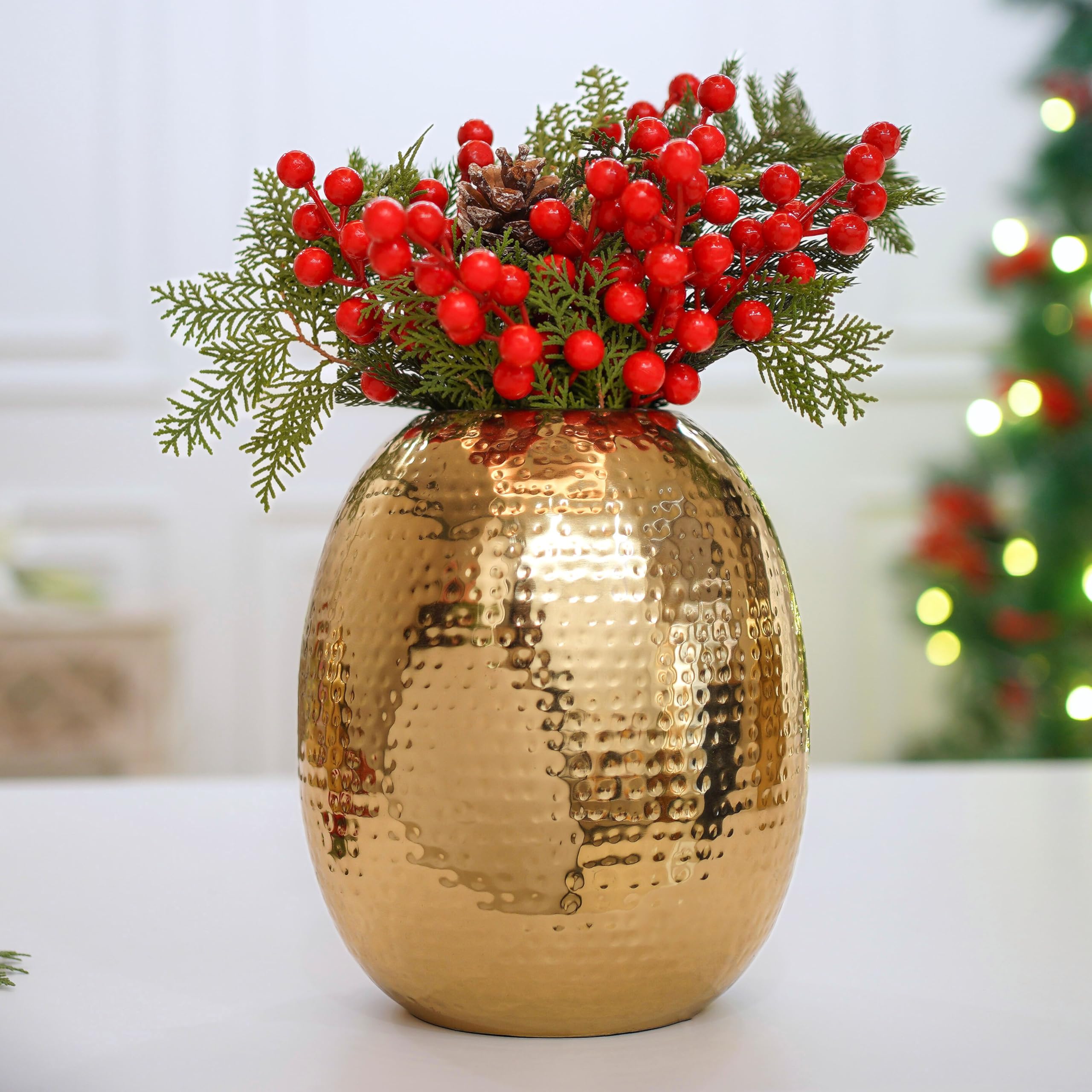 Behoma Metal Hammered Oval Shape Vase for Home Decor Decoratives for Indoor Outdoor Living Room Balcony | Best Gift for Birthday Anniversary Festival |Golden 1 Large Pcs (Flowers not Included)