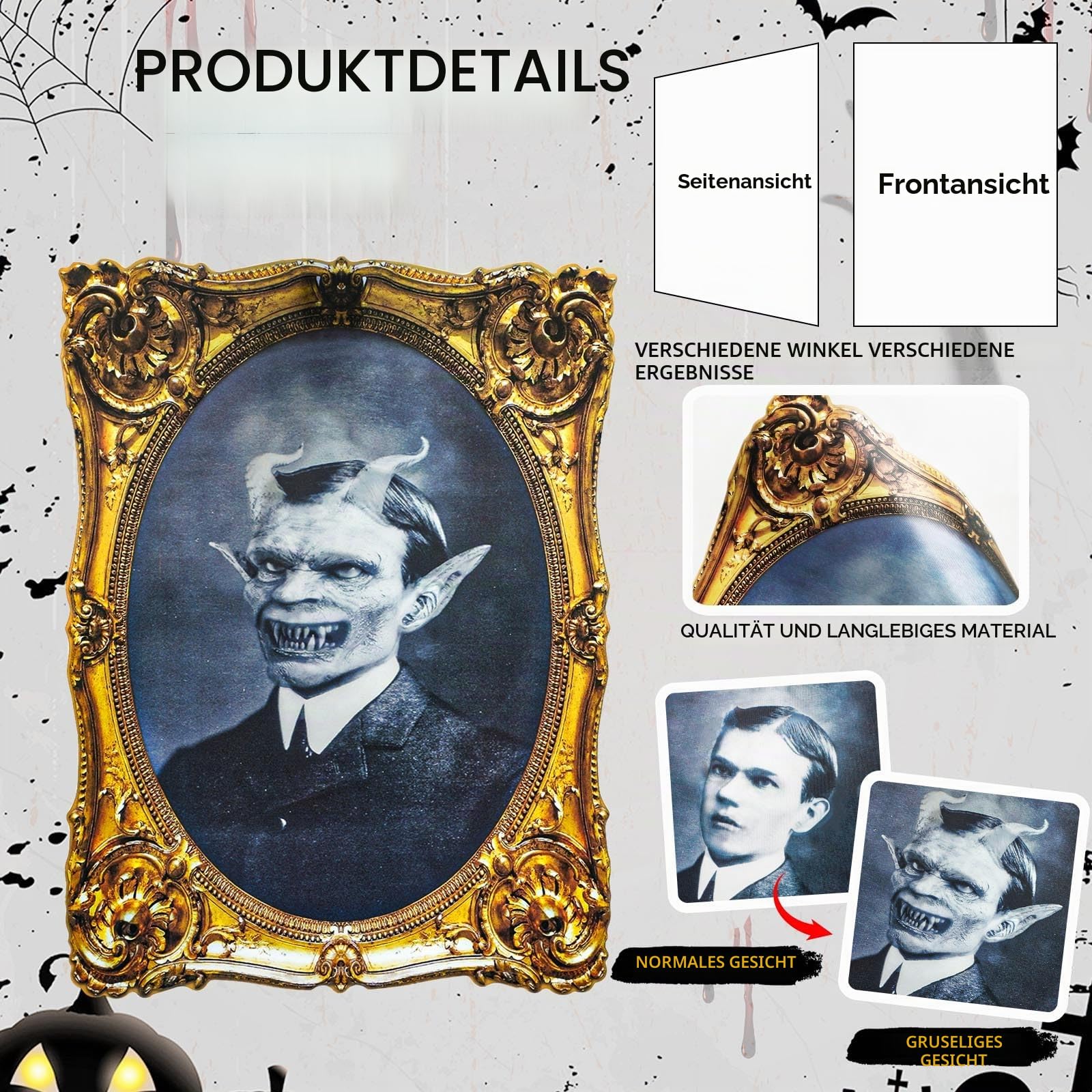 ECGER Halloween-Dekoration, 3D-Wechselgesicht, Horror-Bilder, beweglicher Portraitrahmen, 4 Stück, gruselige Wanddekoration für Party, Schloss, Spukhaus, Zuhause, Innendekoration (8 Stück)
