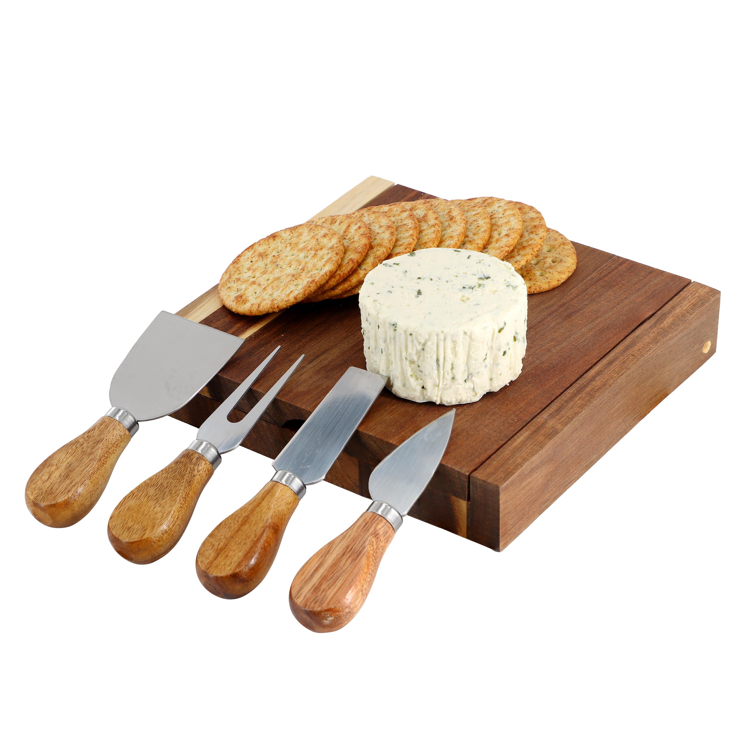 Elama Acacia Wood 5 Piece Square Cheese Board and Knife Set, Premium Cheese Knife Set Included - Rustic Wooden Serving Tray for Cheese, Charcuterie & Entertaining (5 Piece Square)