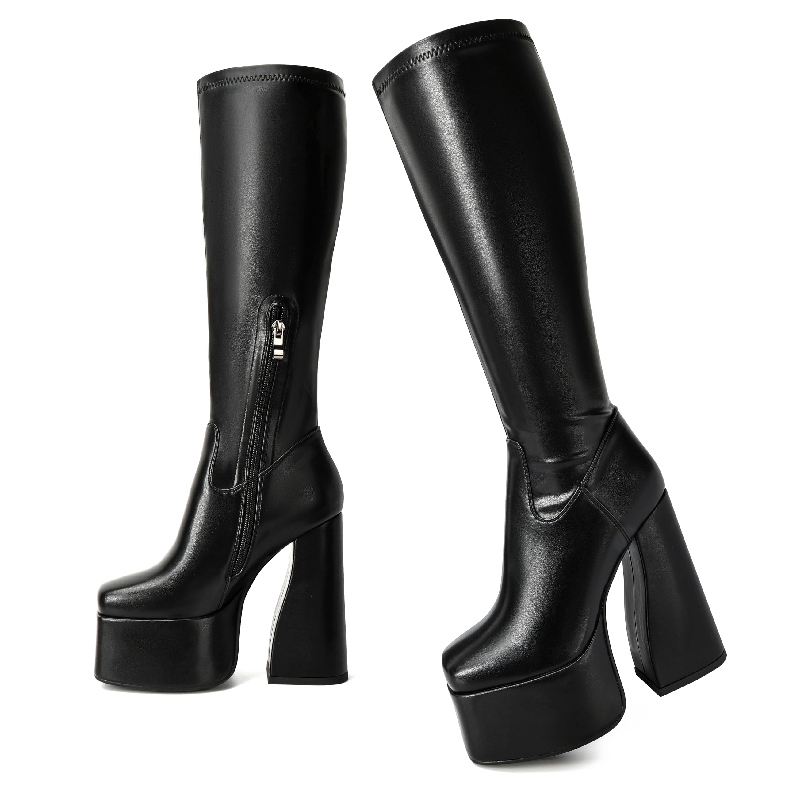 LanreyTaley Elastic Knee High Platform Boots for Women Chunky Block High Heel Go-Go Boot Square Side Zipper Stretch