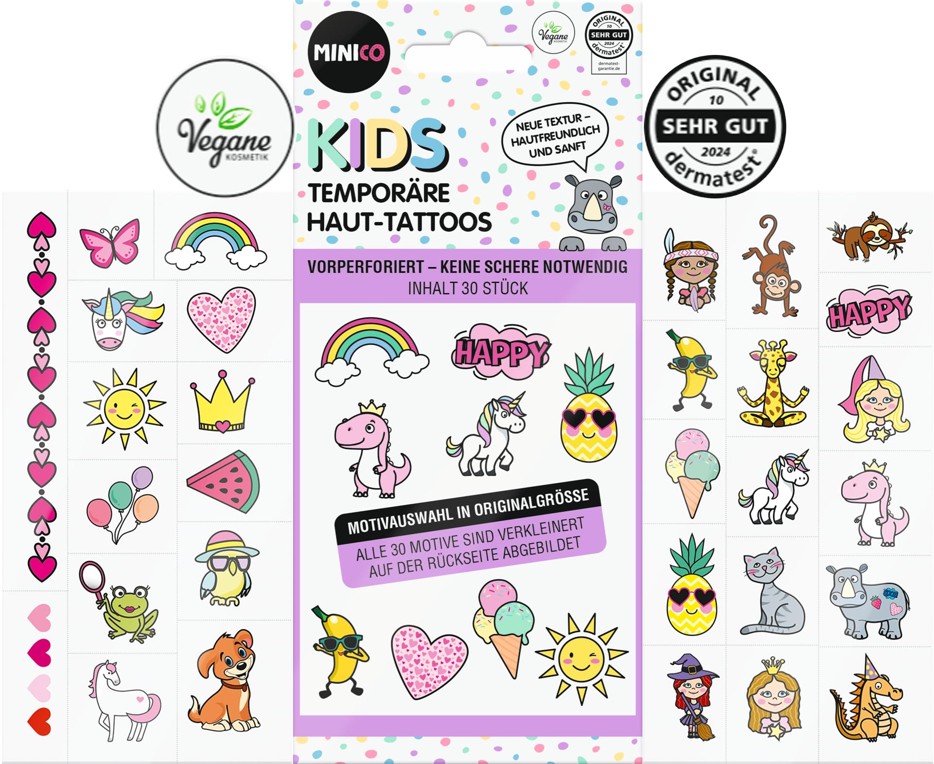 Premium Kinder Tattoo Set, dermatologisch getestet [dermatest® / Oktober 2024], temporär, perforiert, hautfreundlich, leicht entfernbar, für Mädchen u. Jungs, Jungen, 30 Motive