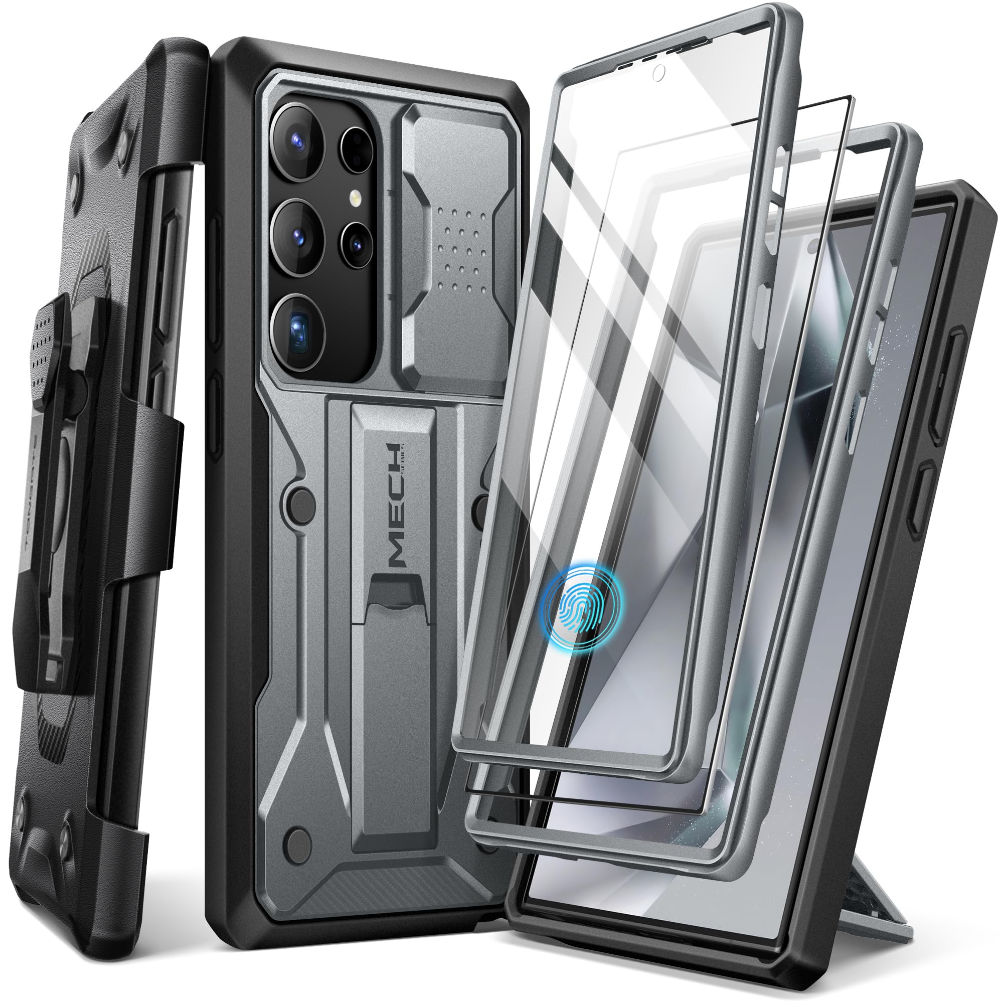 TONGATE Kompatibel mit Samsung Galaxy S24 Ultra Hülle,[Slide Kameraabdeckung & Displayschutz] [2 vordere Rahmen] Militärstandard Stoßfeste Handyhülle mit Kickstand & Gürtelclip 6,8 Zoll, Grau