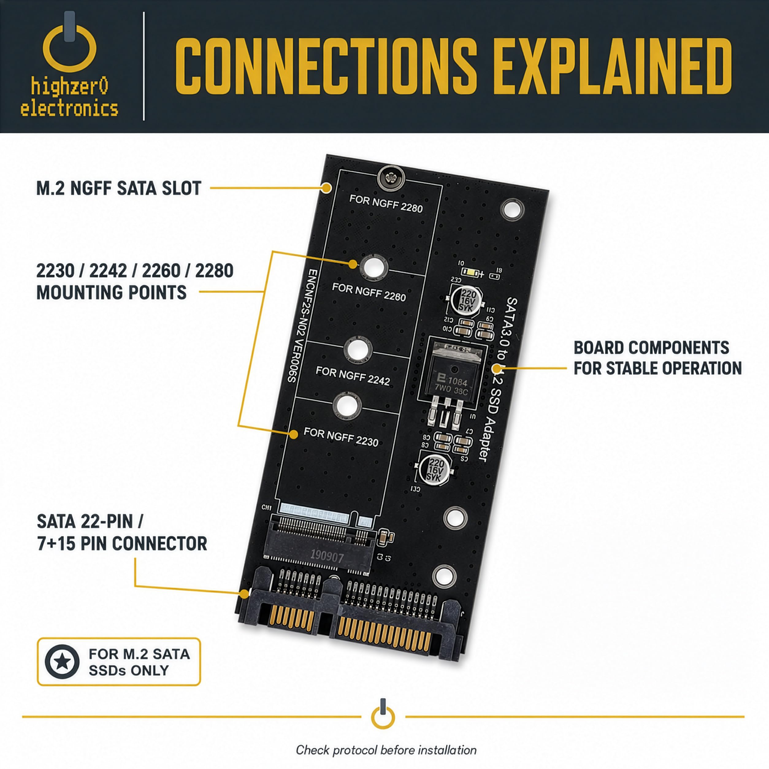 NGFF M.2 Adapter M2 SATA3 Raiser M.2 to SATA Adapter SSD M2 to SATA Expansion Card B Key Suppor 30/42/60/80mm (M.2 to SATA, M.2 to SATA) | Para SSD SATA M2 2230 2242 2260 2280 M.2 | SATA III 6Gbps | Incluye hardware de montaje | No diseñado para SSD NVMe