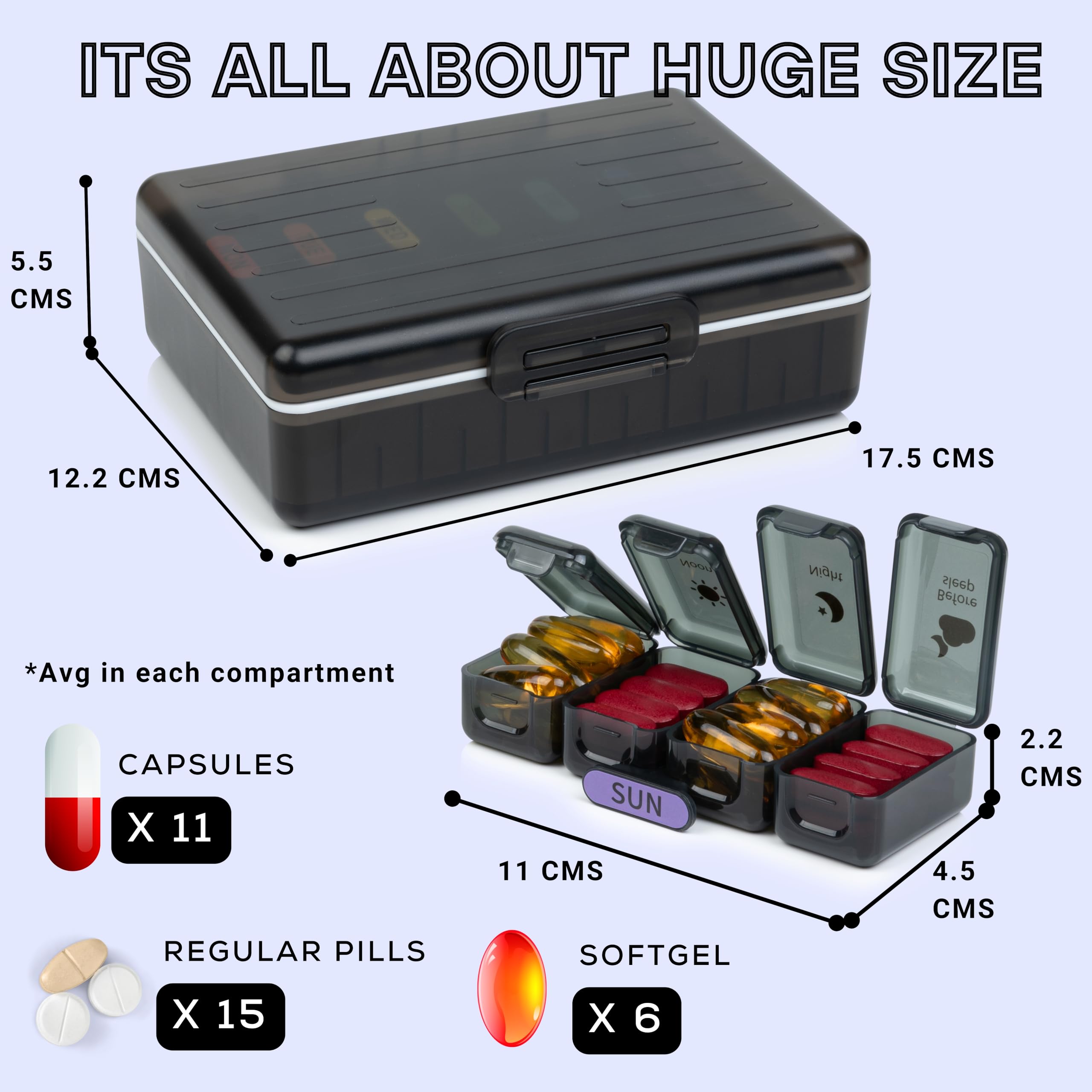 Big Premium Medicine organizer- Medicine organizer box- Medicine Box, 7 days Pill Box For Home-Pill Organizer Box Case With Large Compartments, Portable for pills & Supplements (Black-4 Compartment) 1