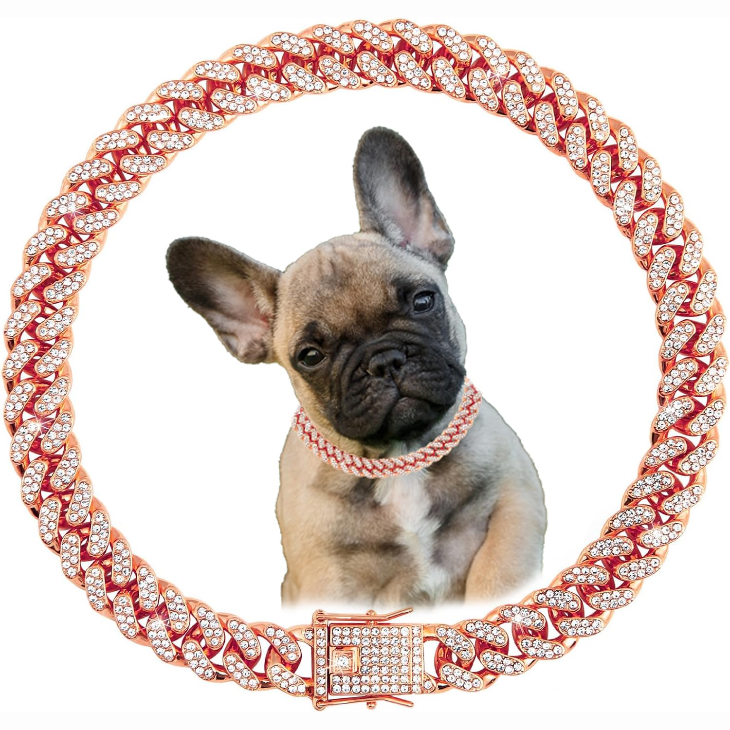 Rose Gold Chain Dog Collars for Medium Dogs, Glitter Rhinestone Sparkly Diamond Metal Bling Cuban Link Dog Necklace for Small Medium Large Pet Dogs,