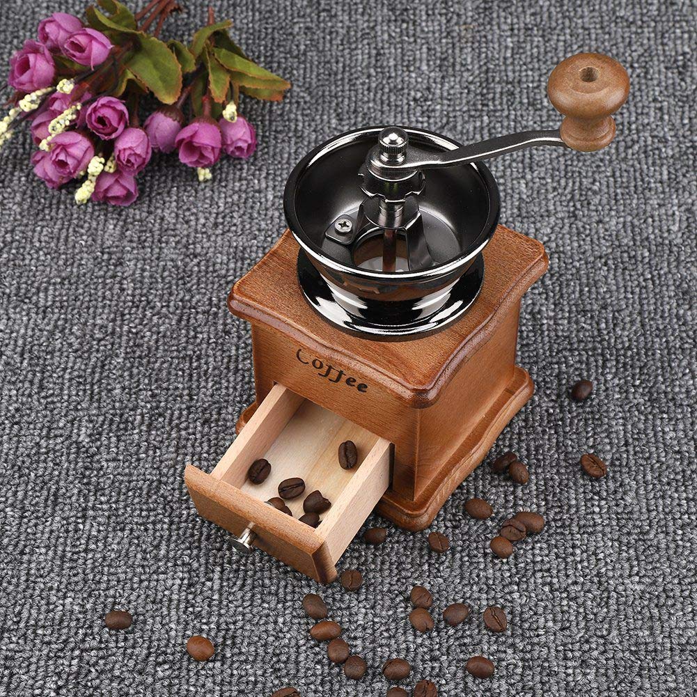 Queen.Y - Macinacaffè Manuale Vintage, Macina Caffè in Stile Retrò con Cassetto in Legno, Accessorio Caffè per Casa e Ufficio