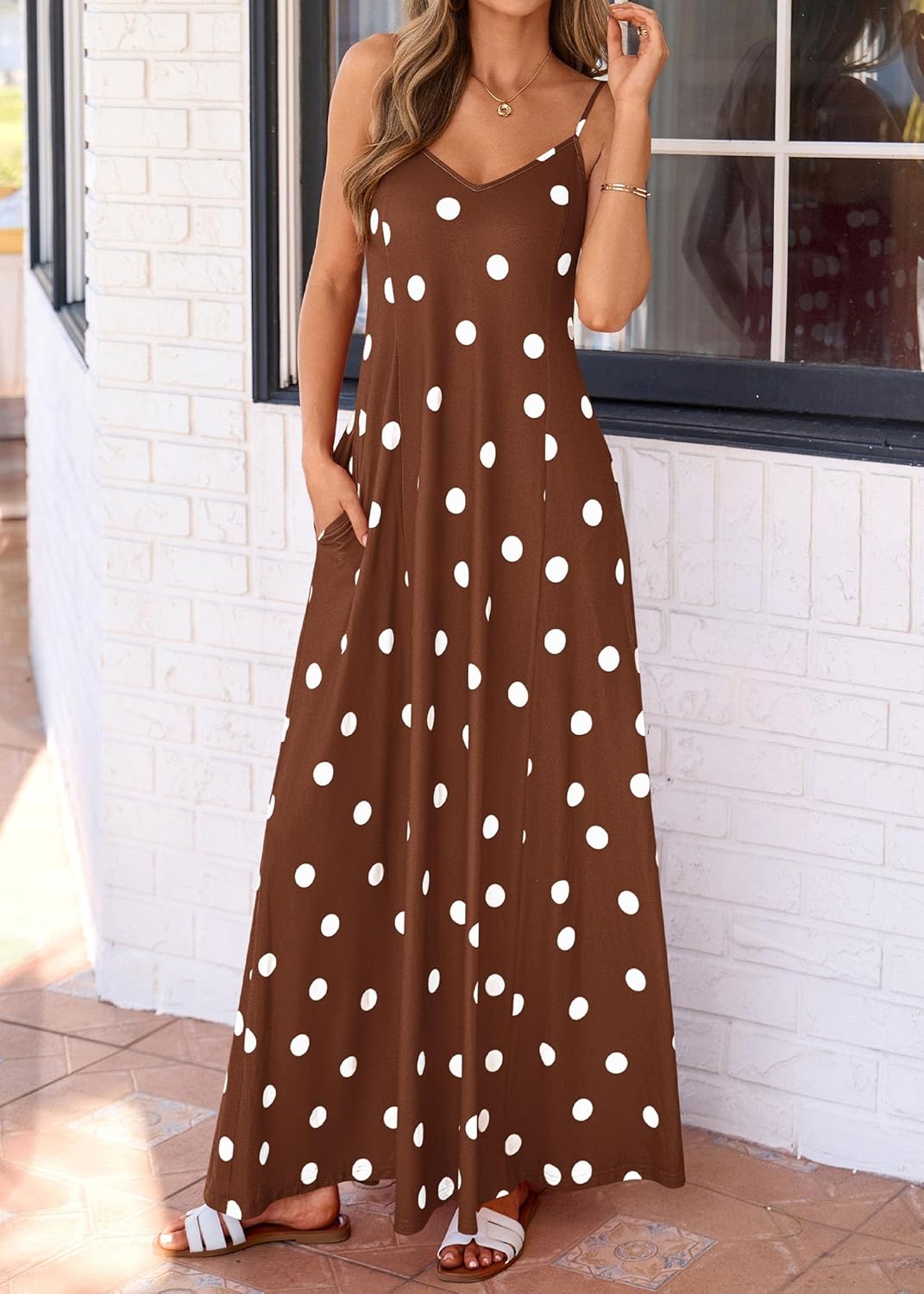 KIRUNDO Boho Maxi Dress for Women Summer Spaghetti Strap V Neck Polka Dot Flowy Long Beach Vacation Sundress with Pockets - Image 5