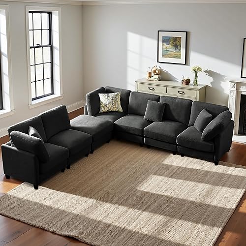 Modular Sectional Sofa, Oversized Chenille Cloud Couch with Movable Ottoman, 7 Seater Cloud Sectional Couch, Convertible L/U-Shape and Sofa Bed, Couches for Living Room, Black