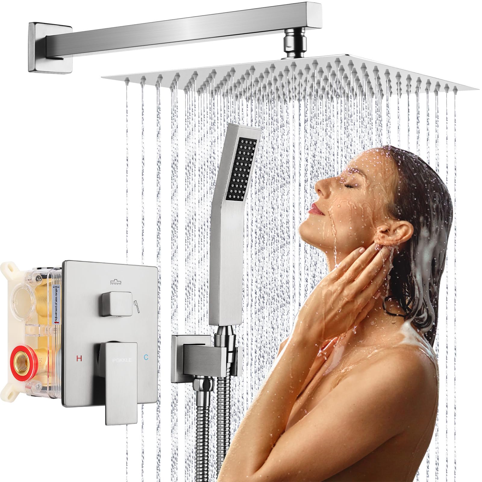 10 Inch Rainfall Shower System - Wall Mounted Complete Combo with Solid Brass Pressure Balancing Valve, High Pressure Shower Head, Handle Set &