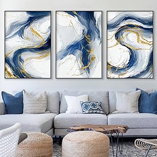 Blue and Gold Abstract Wall Art Blue Abstract Canvas Art Blue Fantasy Wall Art Gold Foil Abstract Painting Blue and White Abstract Poster Blue and Gold Marble Wall Decor for Bedroom 16x24inx3 No Frame