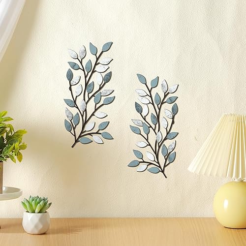 Miniatura 6 de Hotop 2 piezas de hojas de árbol de metal decoración de pared de hoja de olivo de vid arte de pared de hoja de hierro forjado sobre la cama, sala de