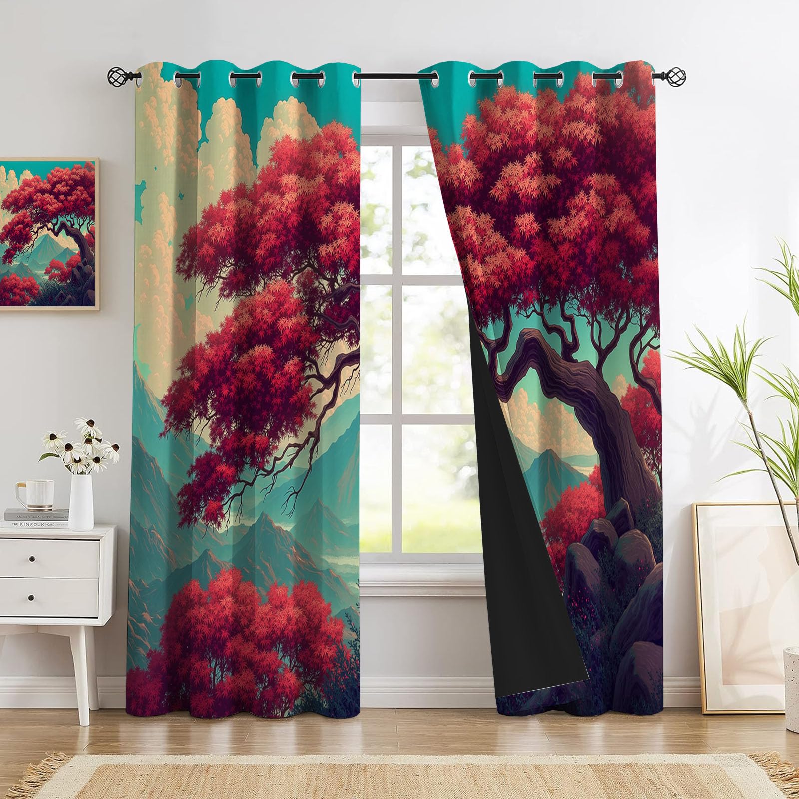 95% Rideau Occultant,Vert Clair Rideaux Occultant Thermiques à Oeillets,Rideau Opaque imprimés Japonais Plantes Rétro Érable Rouge Decoration pour Enfant Chambre,140x240 cm (2 Panneaux)
