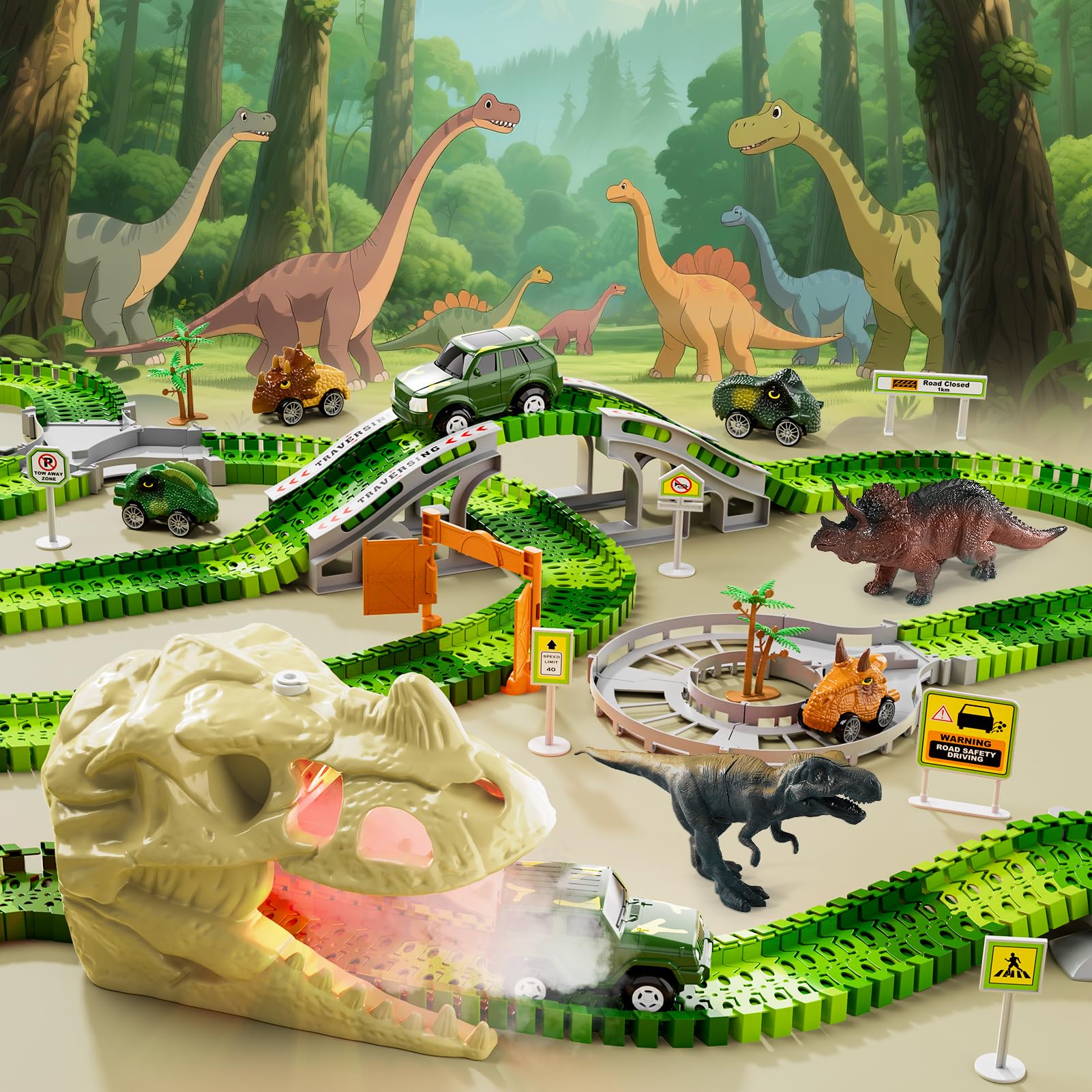 Dinosaur Race Track Set for Kids Ages 3-7, Flexible Car & Train Tracks with Dinosaurs to Create Themed World, Toys Gifts for Boys Girls - Image 3