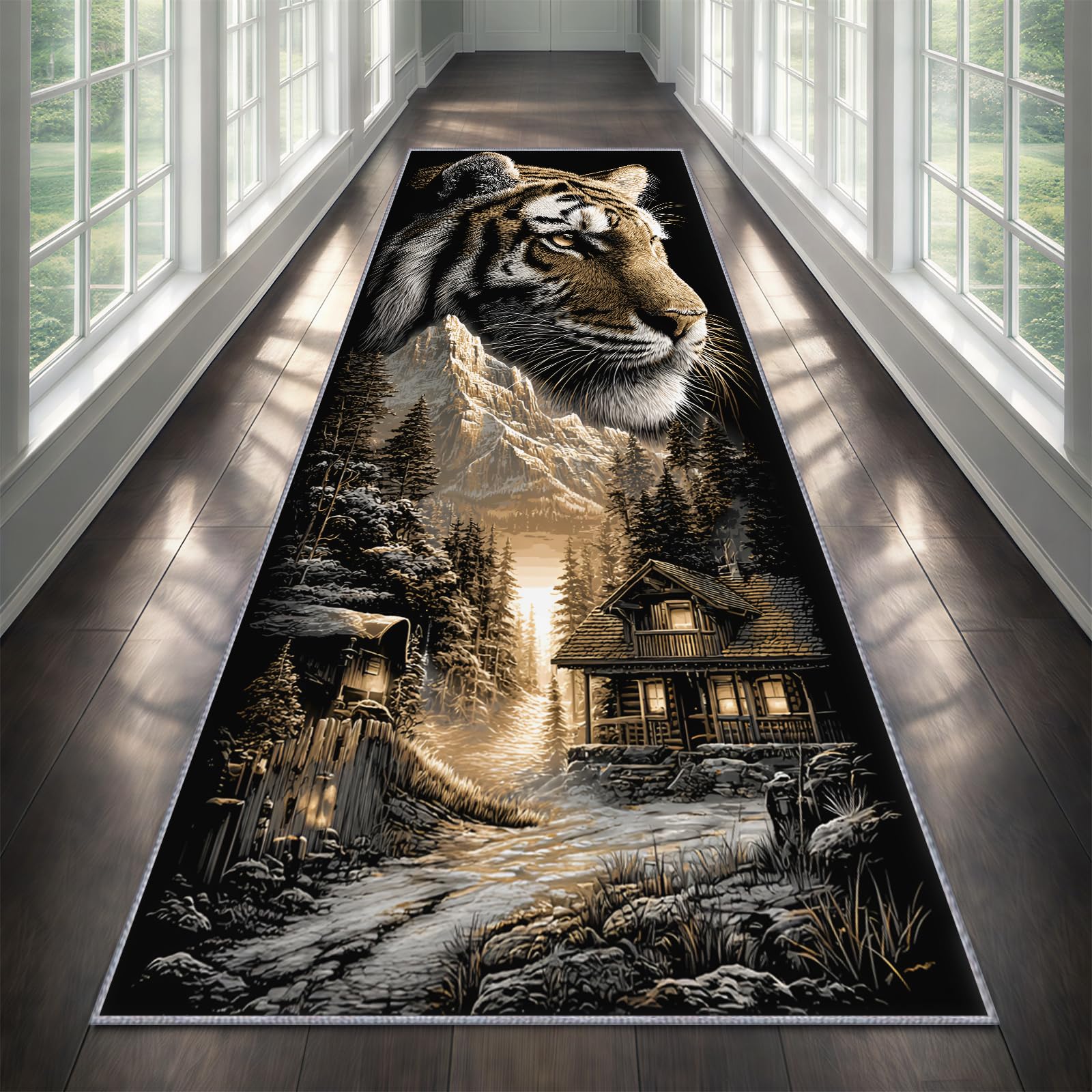 YEMYOR Tiger Carpet Runner 60x180cm, Wild Tiger Runner Rug for Entryway, Hunting Rustic Cabin Long Carpet, Washable Non-Slip Rug for Kitchen Hallway Bedroom