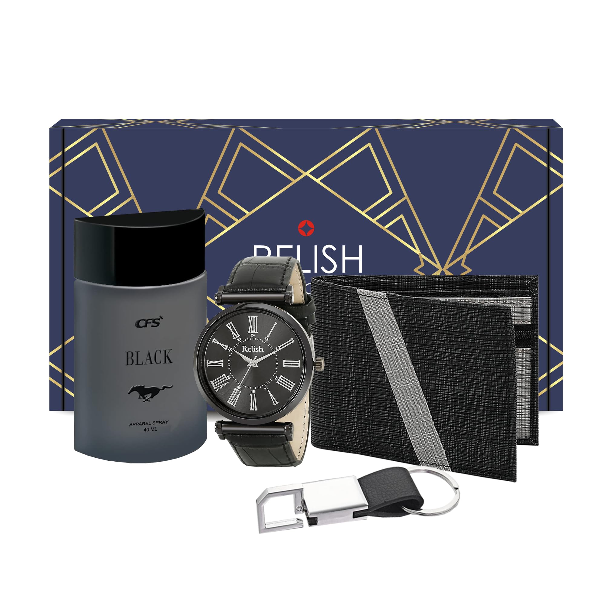 Relish Gift Combo Box of Mens Black Analog Leather Strap Watch, Texture Wallet, CFS Black Long Lasting Perfume and Metal Hook Keychain (B0CJ9LC151) Amazon Price History, Amazon Price Tracker