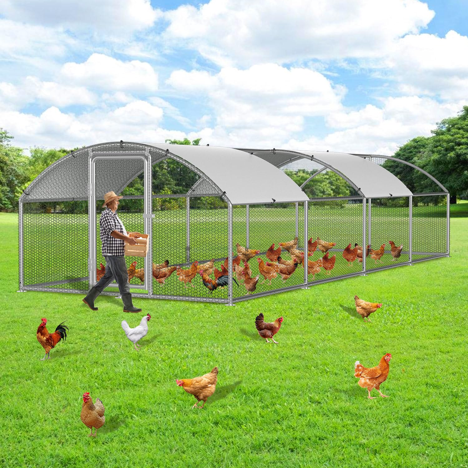 Gallinero de 3 x 8 x 2 m, recinto para gallinas, gallinas, acero galvanizado, para gallinas, caseta de conejo, cúpula, tejado, ganso, palomas y codornices, recinto de metal con red