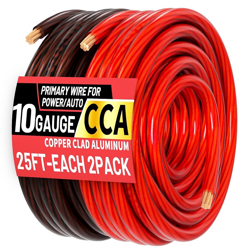 Cabo automotivo primário 10 AWG CCA energeaster vermelho e preto, 7,62 m cada