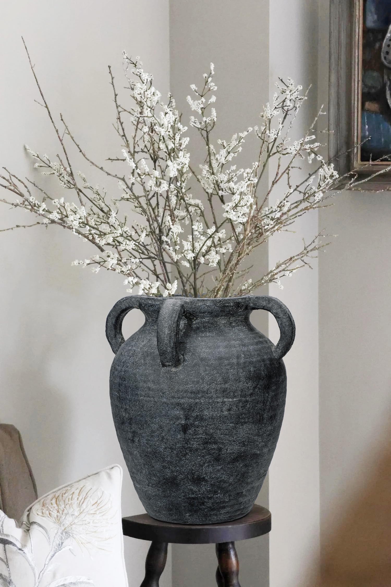 Hohe 30cm Keramikvase Handgemachte Vintage Terrakotta-Vase Tischvase mit Griffen aus Keramik für Deko Wohnzimmer Home Office, Vase für Pampasgras, Rustikales Antikes Dekor, Schwarz