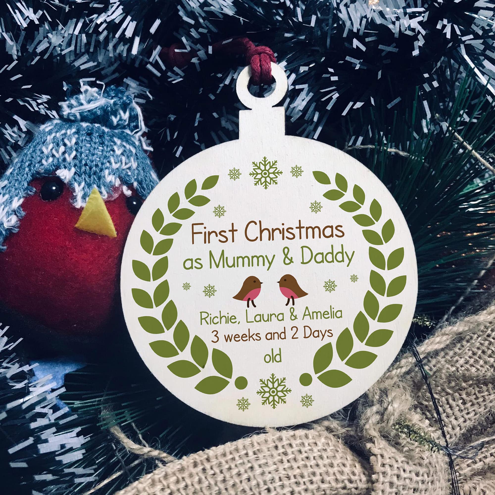 Red Ocean First Christmas As Mummy Daddy Wood Heart New Baby Detail Christmas Decoration 8Cm