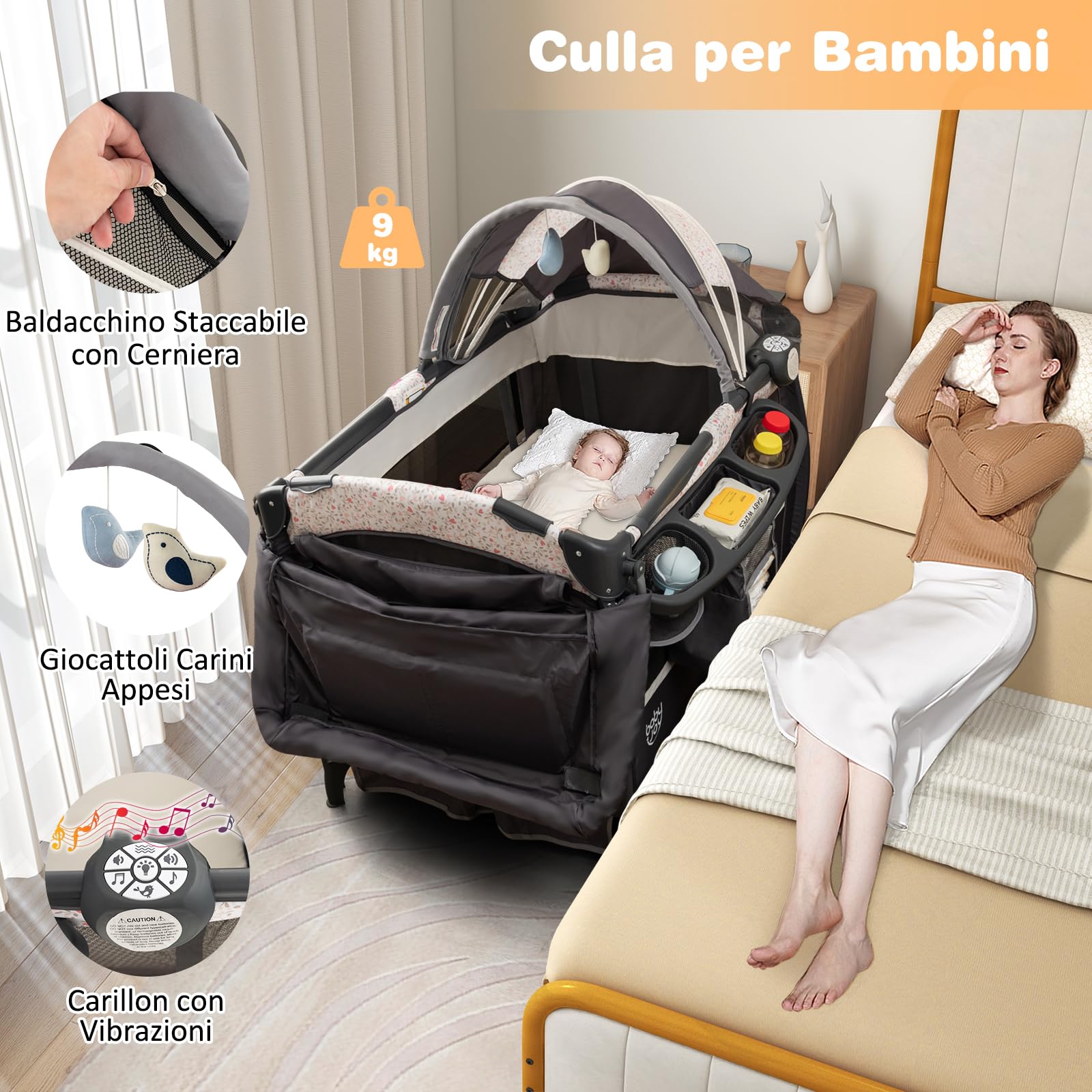 GYMAX Lettino Pieghevole con Baldacchino Regolabile, Box per Bambini 0-3 Anni, Carillon Musicale, Ruote Bloccabili, Lettino da Viaggio con Culla, Fasciatoio, Materasso e Borsa da Trasporto (Marrone)