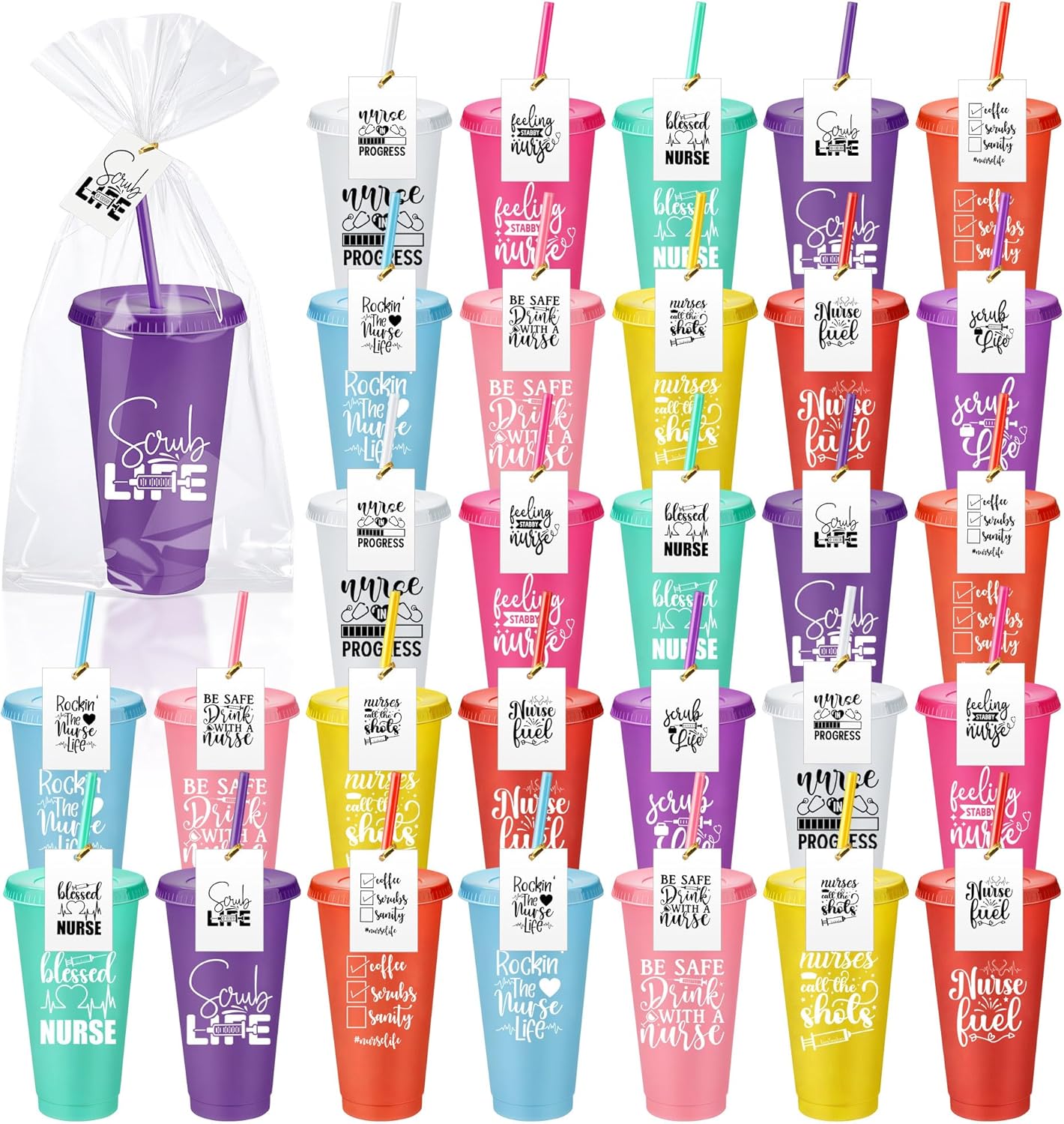 30 Sets Nurse Appreciation Gifts Bulk, 24 oz Tumblers with Lids and Straws, Thank You Plastic Cups with Cards and Bags for Nurse Staff Holiday Party Favors(Elegant,Bright Colors)
