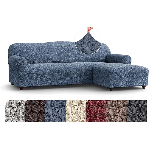 PAULATO BY GA.I.CO. Sectional Couch Cover - Chaise L-Shape Sofa Slipcover - Washable Corner Couch Covers - 1-Piece Form Fit Stretch Cover - Mille Righe - Blue (Right-Facing Chaise)