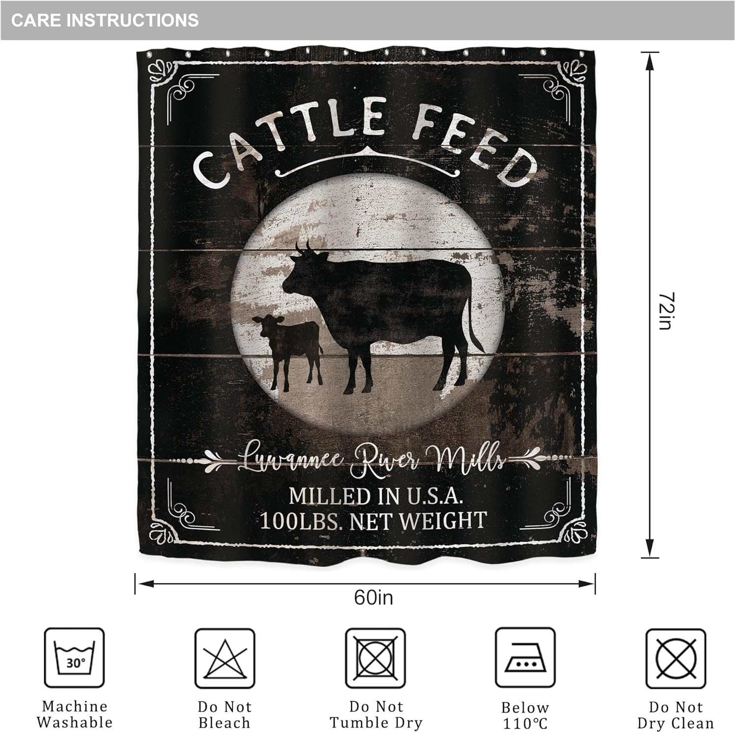 Riyidecor Cattle Feed Farmhouse Cow Shower Curtain for Bathroom Decor 60Wx72H Rustic Farm Animal Country Western Black Wooden Board Barn Bull Vintage Printed Fabric Polyester Waterproof 12 Pack Hooks