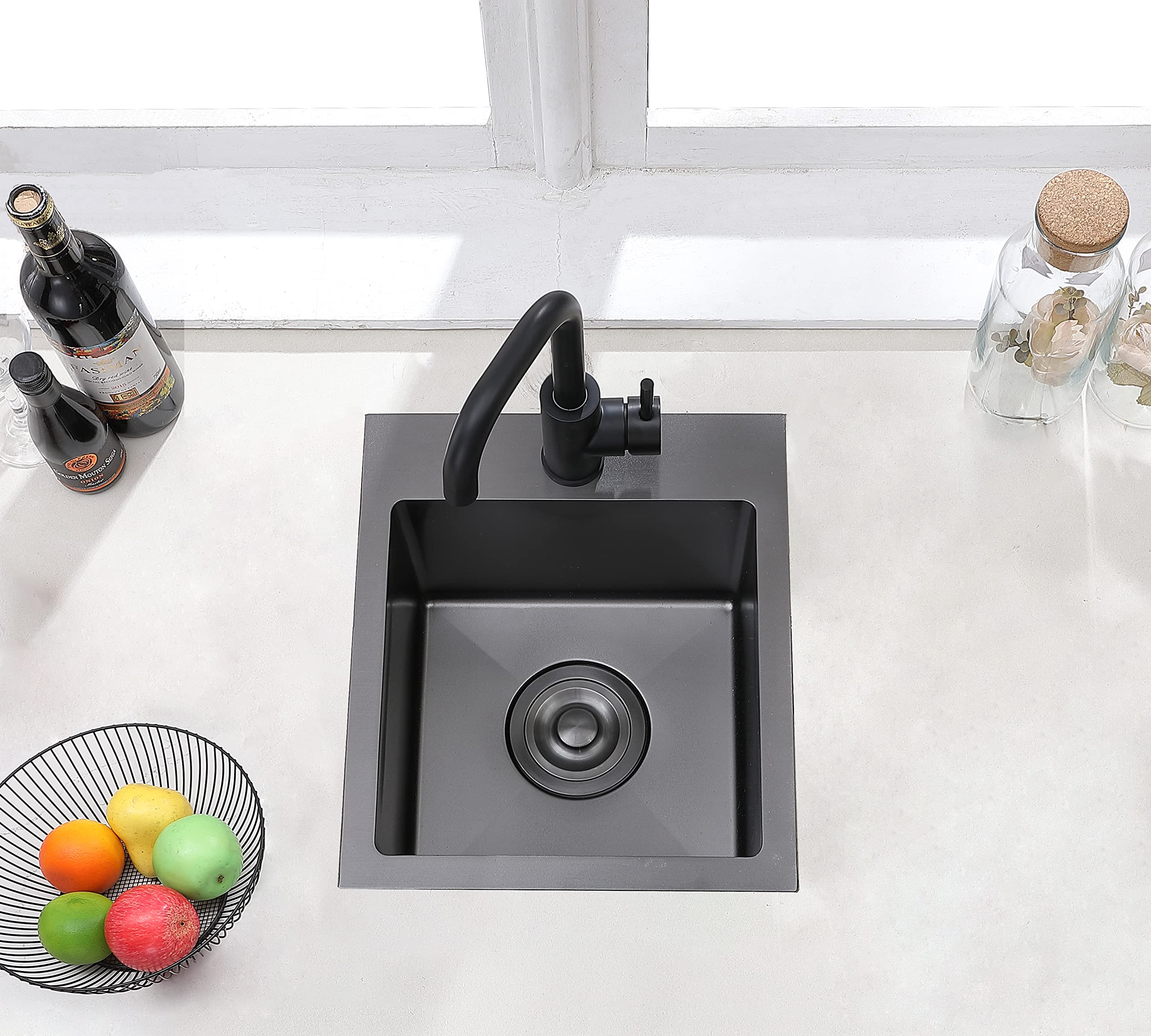 Comllen 15�x15� Black Drop In Bar Sink, Stainless Steel Small Kitchen Sink Single Basin for Outdoor Wet Bar Prep RV Yard Office Laundry Utility with Strainer Drain