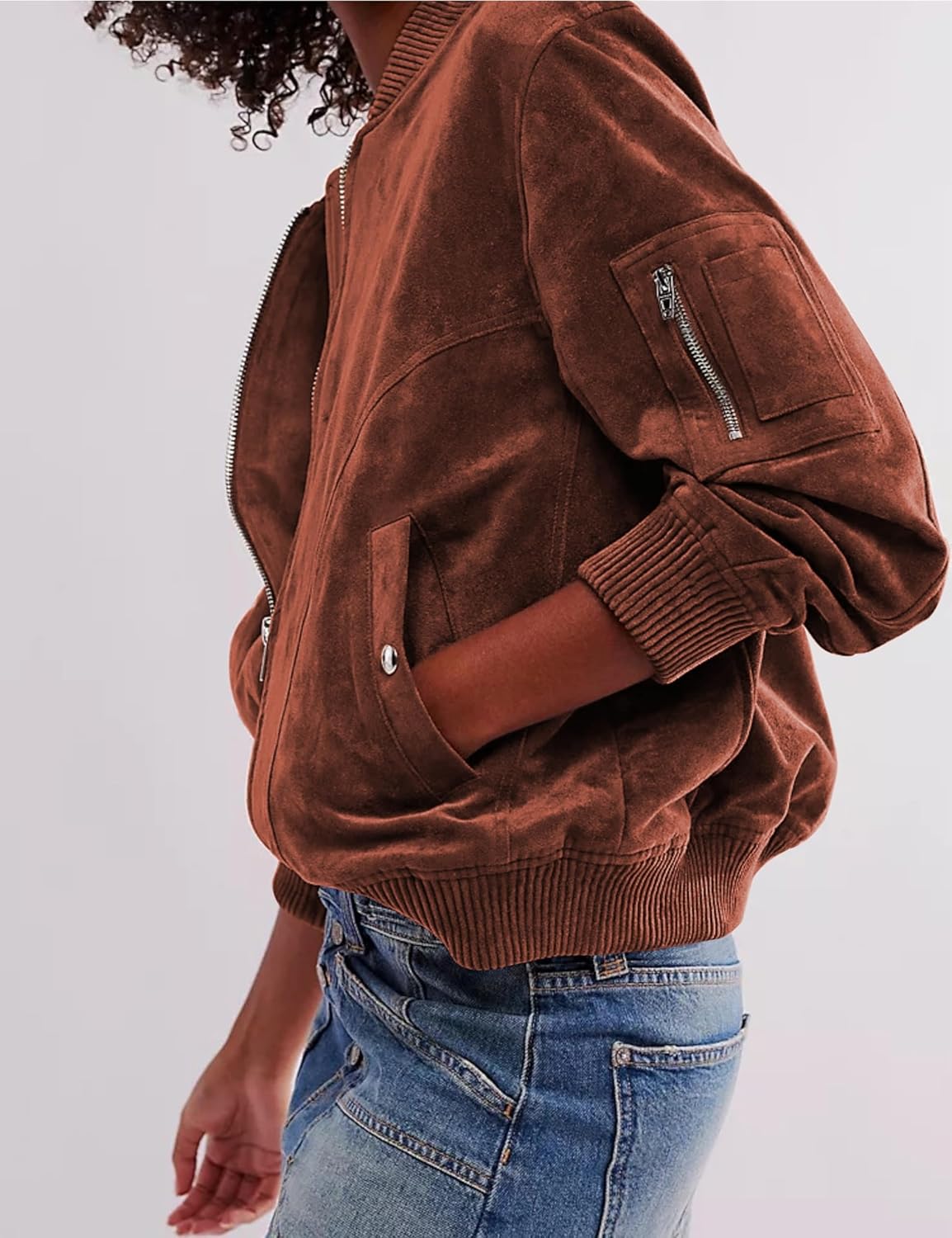 Mingzhu Womens Faux Suede Bomber Jacket Ribbed Collar Zip Up Leather Cropped Jacket Fashion Coat with Pockets - Image 3