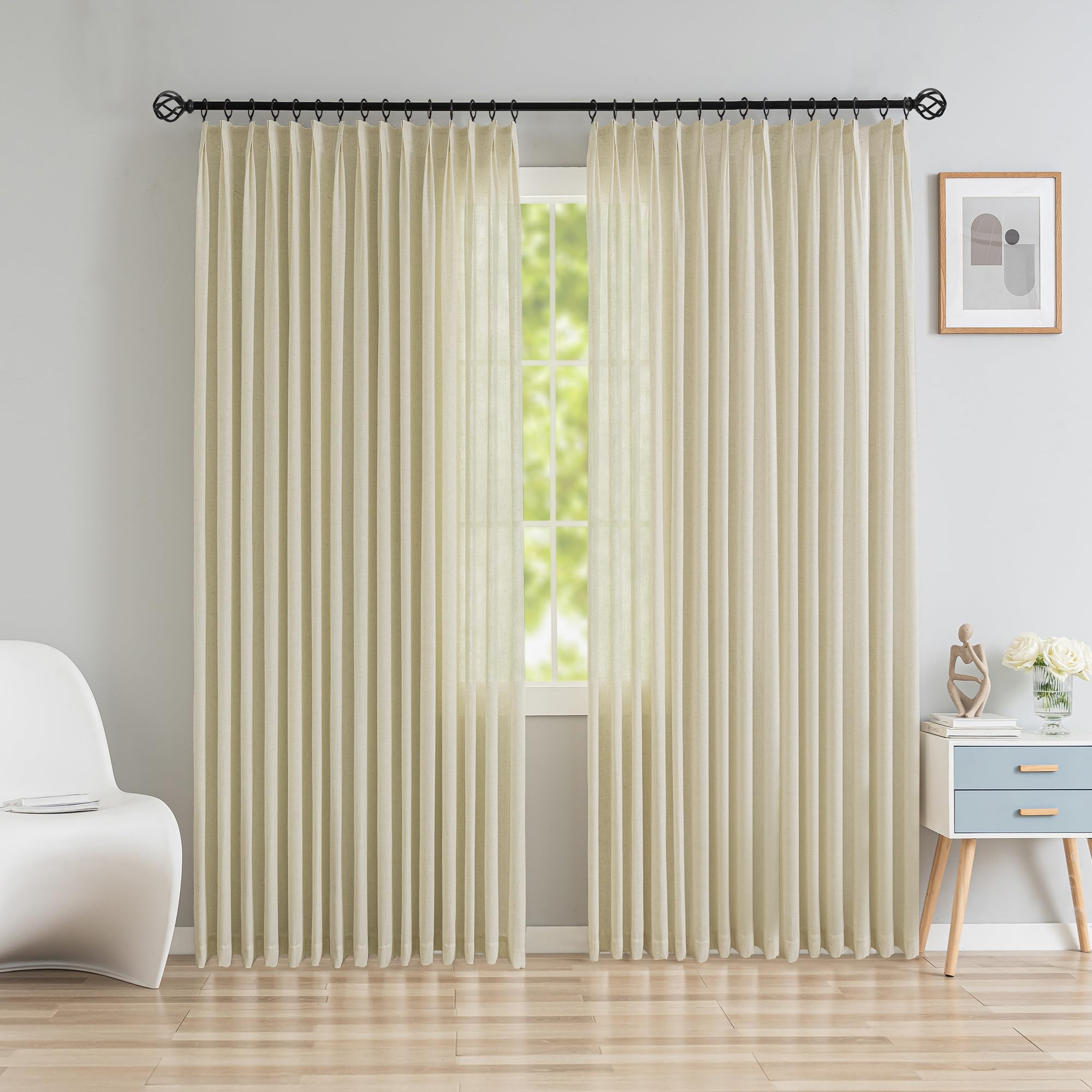 OYRING Faux Linen Double Pinch Pleated Window Curtains, Light Filtering Semi Sheer Pinch Pleated Drapes for Living Room 84" W x 96" L (1 Panel, Flax Linen)