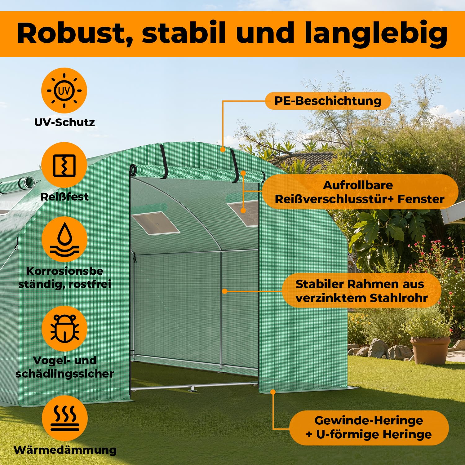 Stabilna szklarnia foliowa, 300 x 600 x 200 cm, 140 g/㎡, z drzwiami i 6 oknami, szklarnia foliowa, stal ocynkowana PE, tunel foliowy do ochrony roślin, zielona