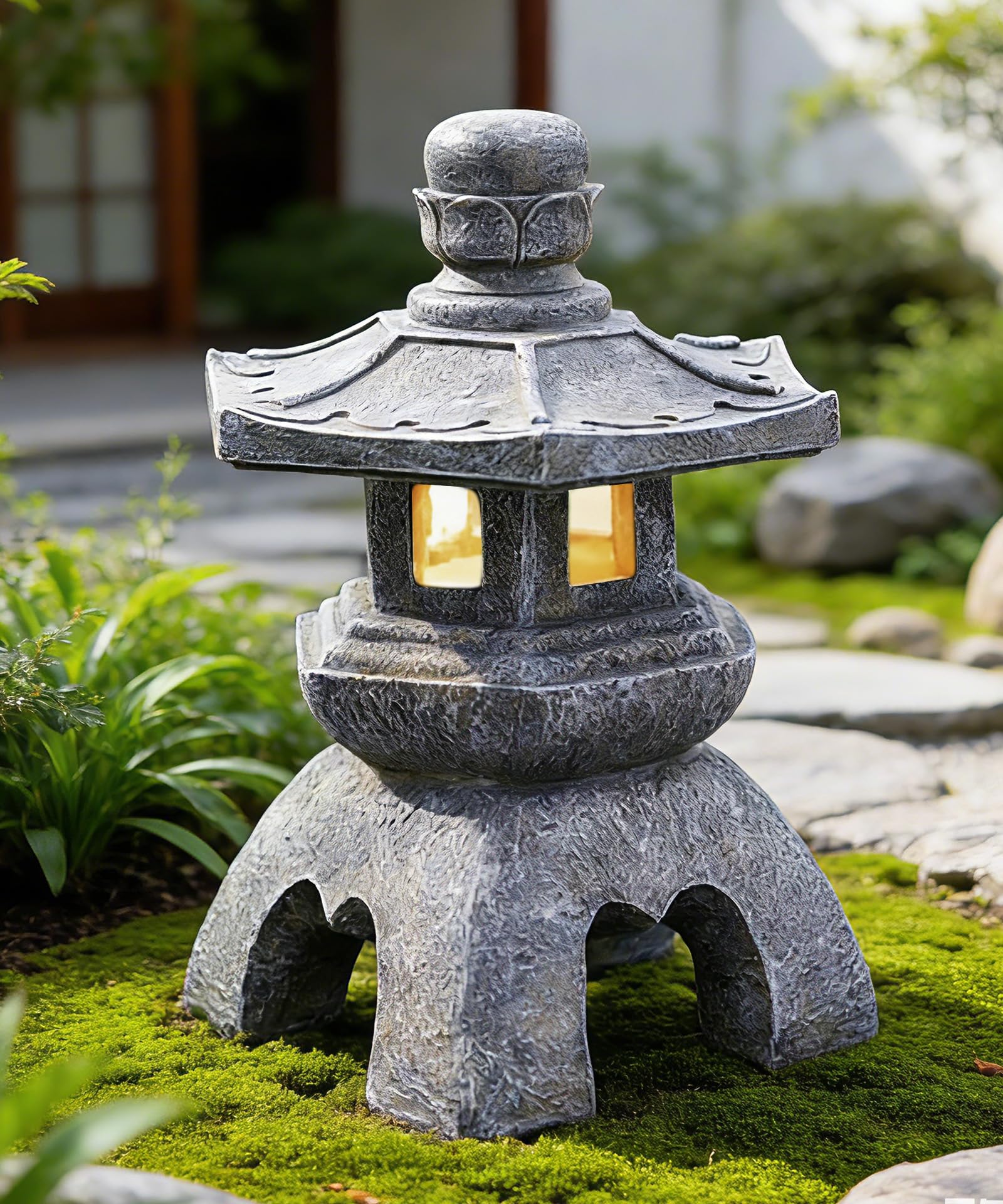 Nacome Solar Pagoda Lantern Garden Statue,Indoor/Outdoor Zen Asian Decor for Landscape Balcony,Garden,Patio,Porch Yard Art Ornament,Polyresin, Stone Finish